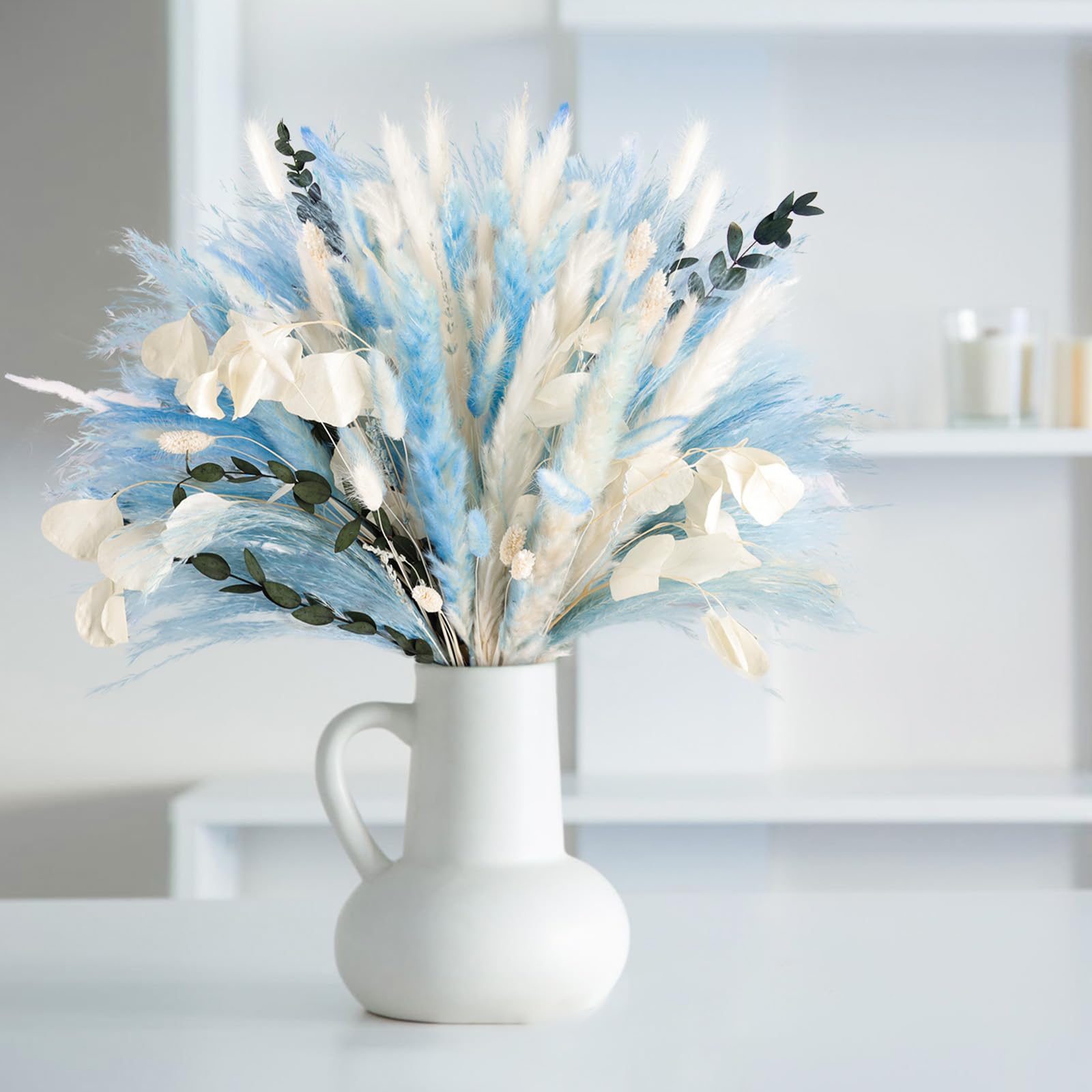 N&T NETING 101Pcs Blue Pampas Grass Decor Natural Dried Floral Pampas Grass Light Blue Boho Pampas Home Decor Fluffy Dried Pampas Flowers for Home