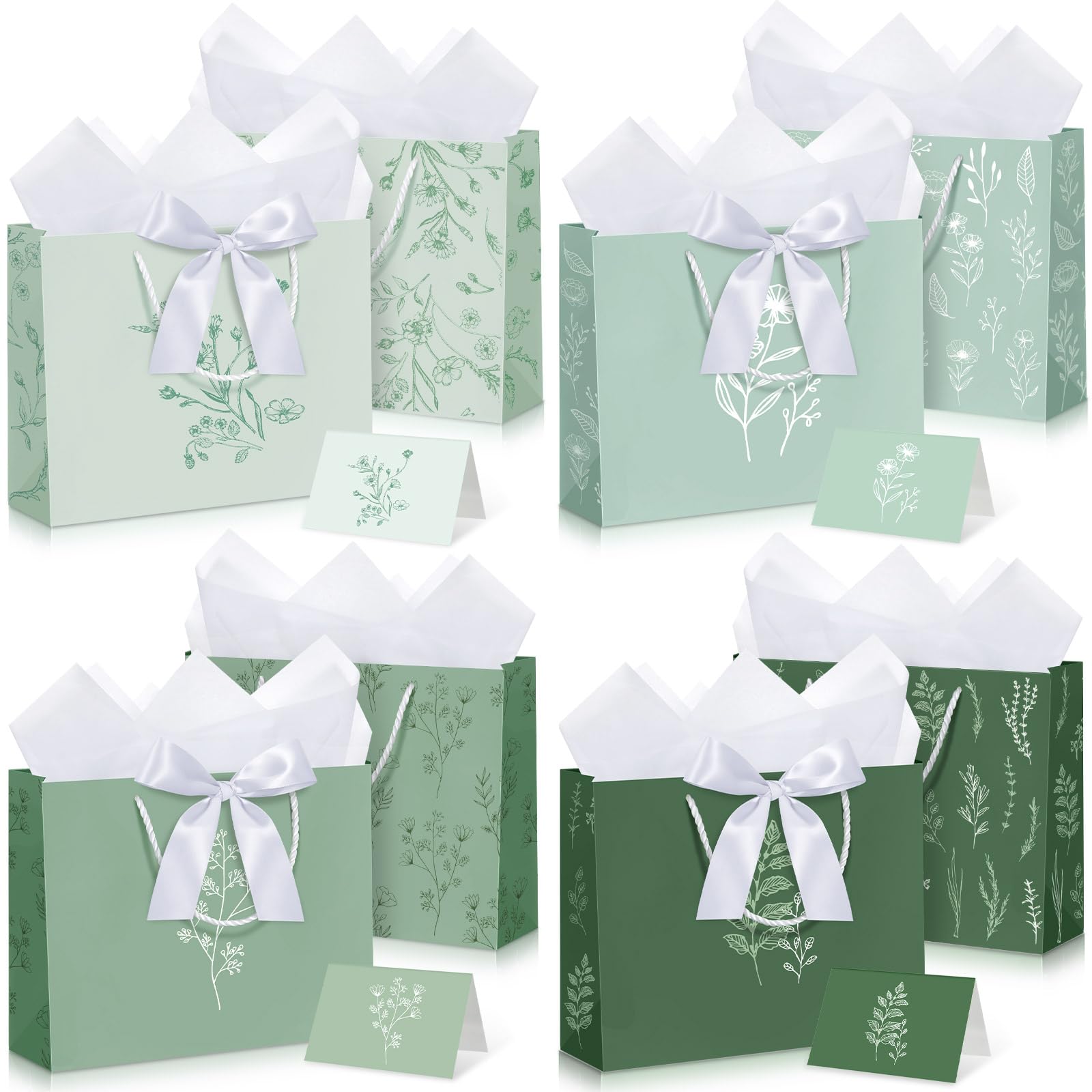 MotiMind 12 Sets 13" Large Gift Bags with Tissue Paper and Greeting Card, Green Sage Leaf Paper Gift Bags with White Bow for Wedding Birthday Anniversary Graduation Baby Shower Summer Party Supplies