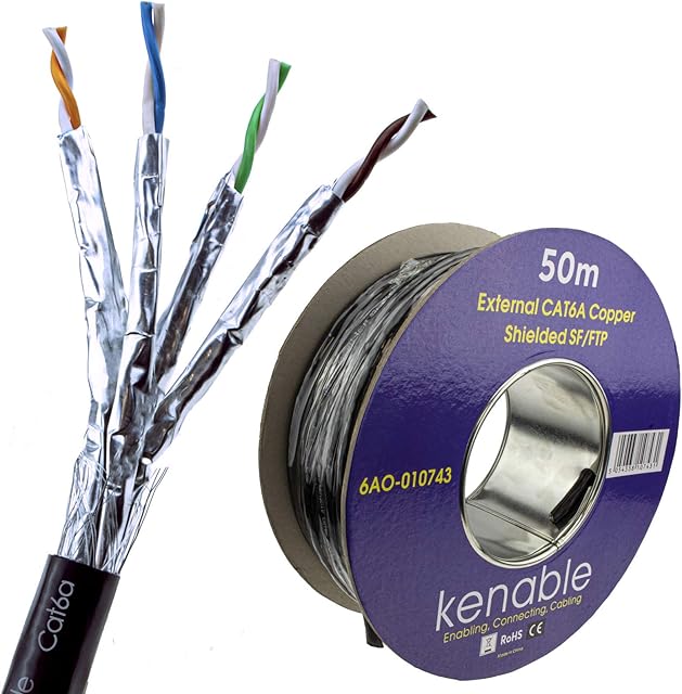 kenable External SHIELDED CAT6A Outdoor Use COPPER Ethernet Cable S/FTP Reel 50m Black [50 metres]