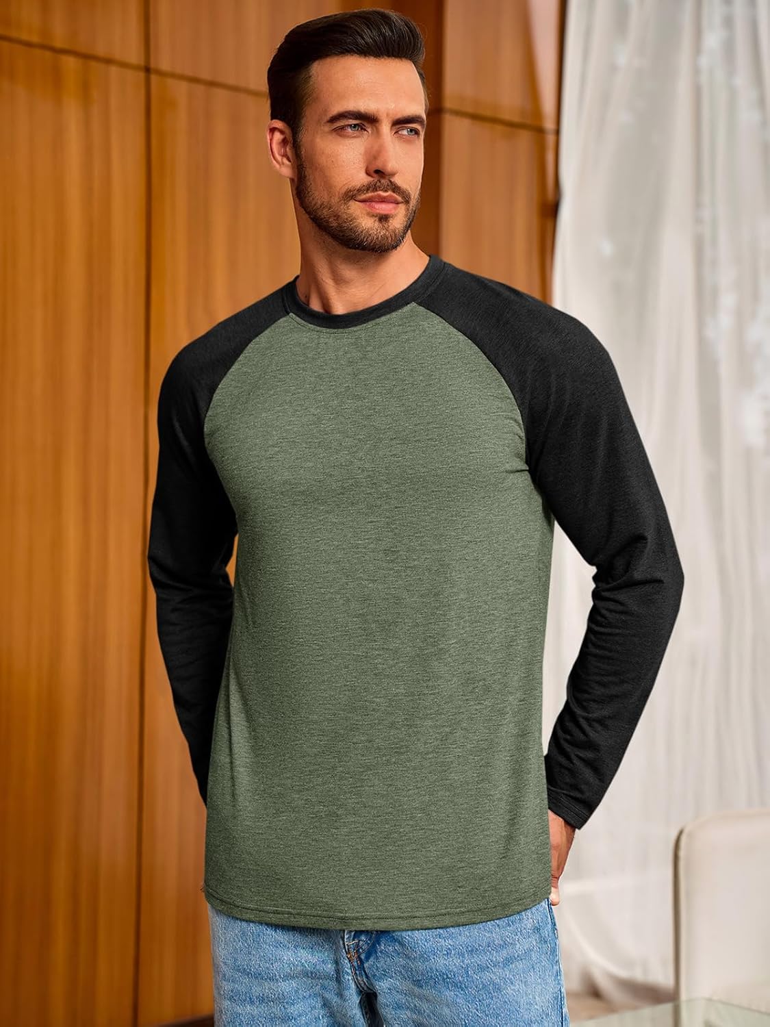 Runcati Mens Baseball Shirt Casual Raglan Long Sleeve Crewneck Graphic T-Shirt Lightweight Vintage Tops - Image 3