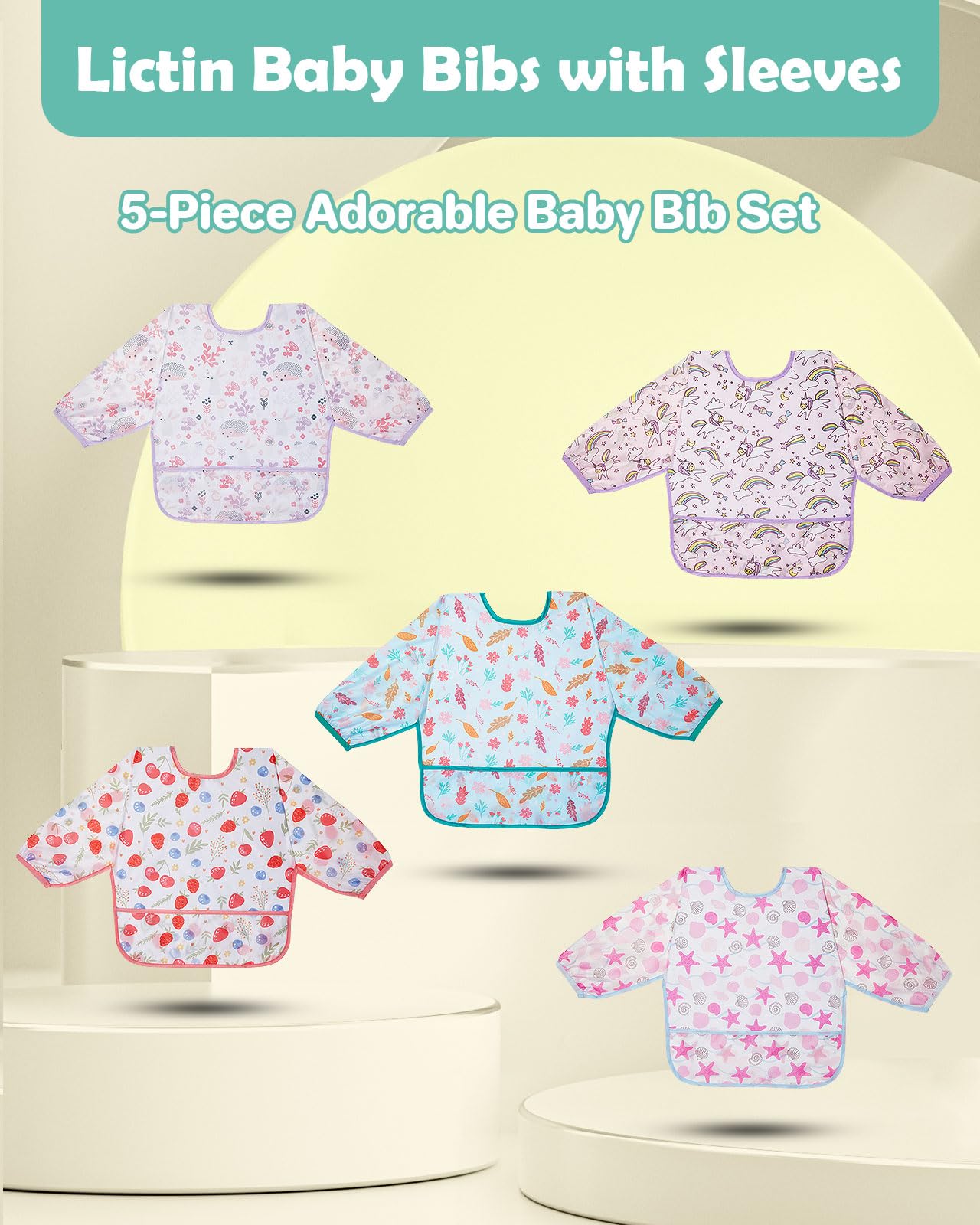 Lictin 5 pezzi Bavaglino a Manica Lunga - Bavaglino Impermeabile per bambini Piccoli Da 6 mesi a 24 mesi bambino,Scollo regolabile