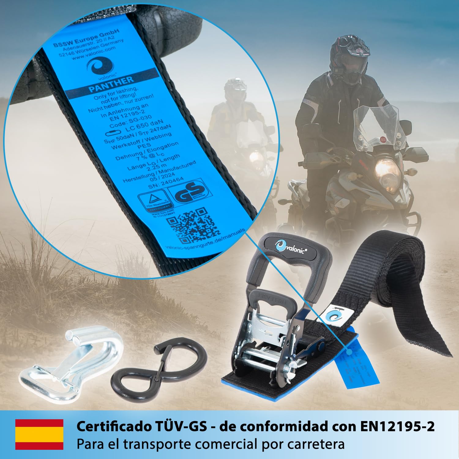 valonic Panther - 2X 2,25m cincha de Amarre con trinquete para Motos, 38mm, 650/1300 Kg, Acolchado, Certificado TÜV Rheinl/GS, EN 12195-2 - Distancia de tensado Corta, para remolques