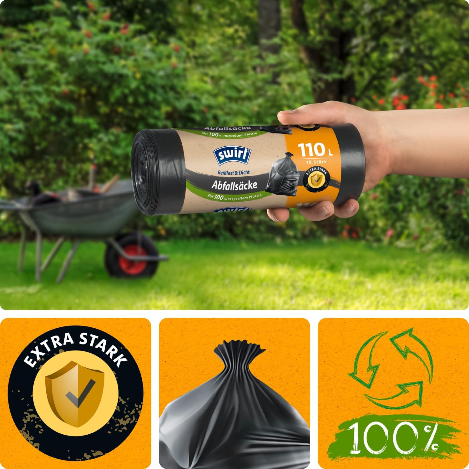 Swirl Rubbish Bag 110 L (4 x 8 Bags), Bin Bags without Closure, Particularly Durable and Tear-Resistant for Waste from Home and Garden