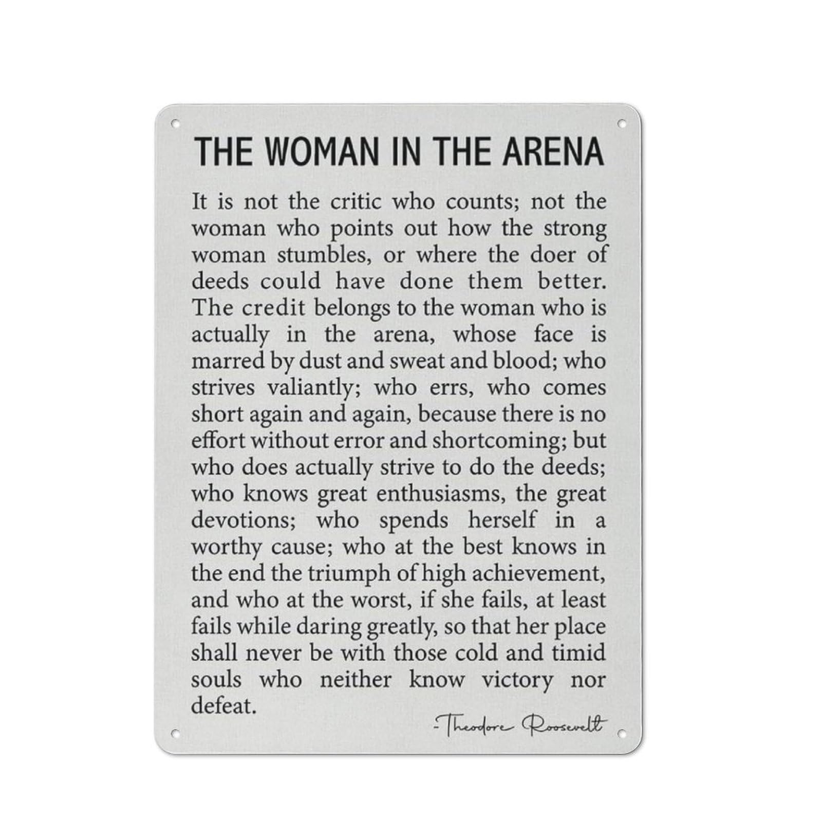 Rustic Metal Tin Sign Inspirational Quote The Woman in The Arena Wall Art Office Home Decor Motivational Feminist Poster Picture Artwork, Empowered Woman Gift 8 X 12 Inch