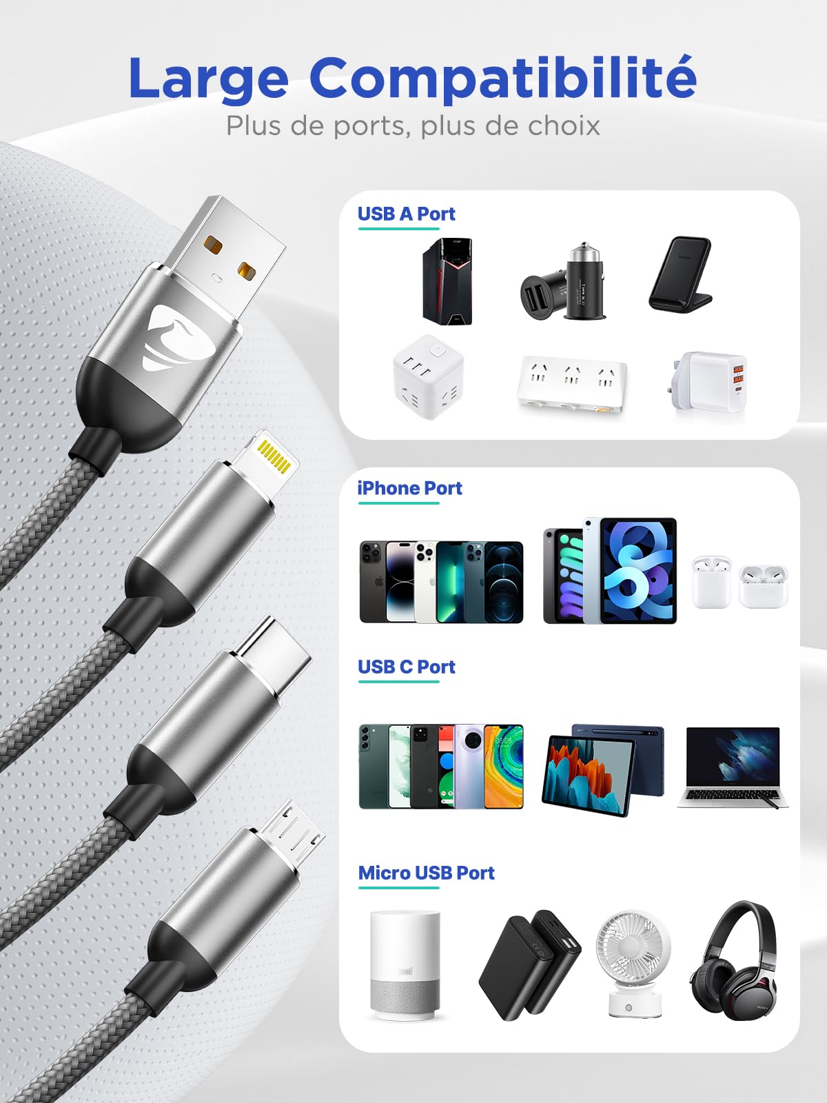 Câble Multi USB 3 en 1 Universel Rapide 1.2M Nylon Tressé Micro USB Type C Lightning pour iPhone Samsung Huawei