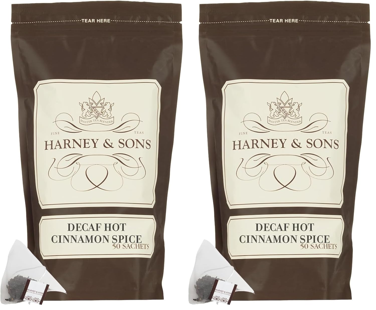 Harney & Sons Decaffeinated Hot Cinnamon - Ceylon Black Tea with Three Types of Cinnamon,Orange Peel and Sweet Cloves - Sachet Bag,50 Count (Pack of 2)