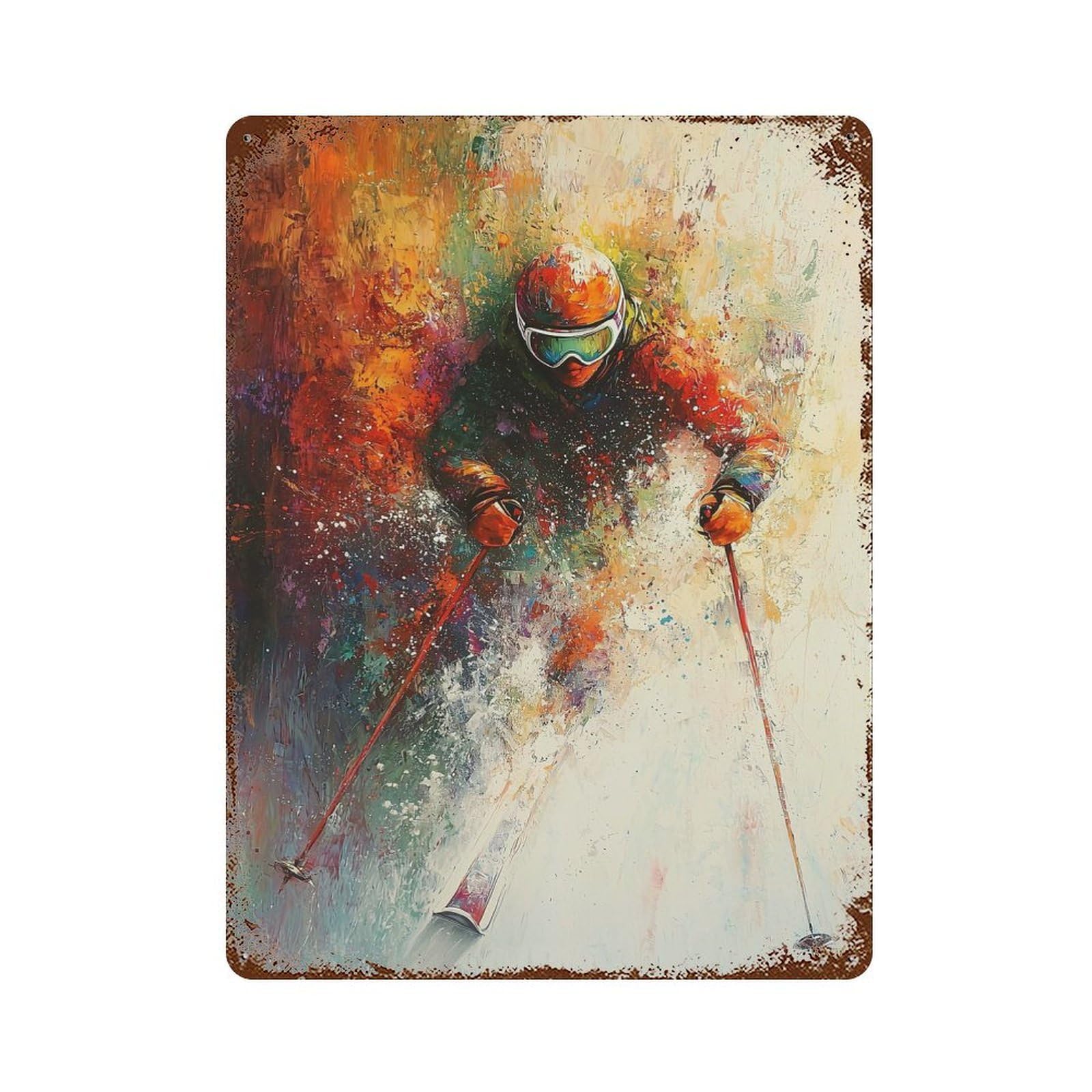 Abstract Skier Art - Winter Sports Action 15.7"x11.8" Rust Effect Tin Sign, Industrial Home Decor for Living Room, Hallway And Home Decor