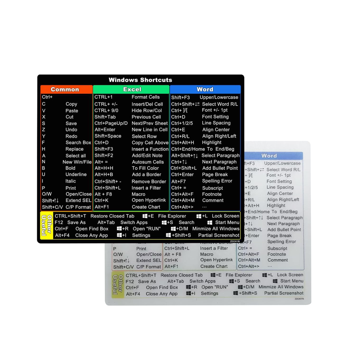 2 PCS/Pack Shortcut Sticker for Microsoft Windows + Word/Excel (for Windows 11/10) Quick Reference Guide PC Laptop Keyboard Shortcut Stickers, No-Residue Vinyl (Color+Clear)