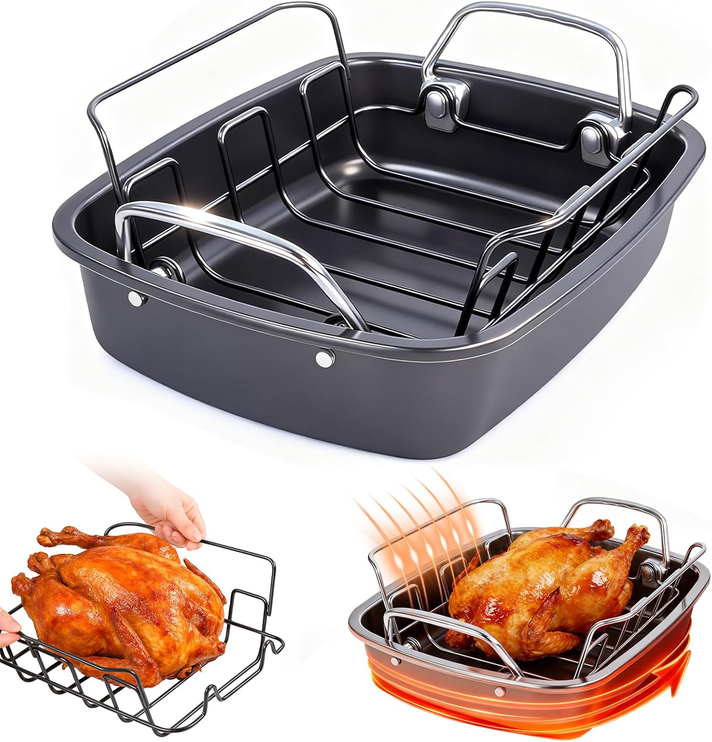 24lb Carbon Steel Nonstick Roasting Pan with Rack - BPA Free, Leak-Proof, 450F Heat Resistant (17x13x4in) | Oil-Draining, Dishwasher Safe for Thanksgiving Christmas Turkey