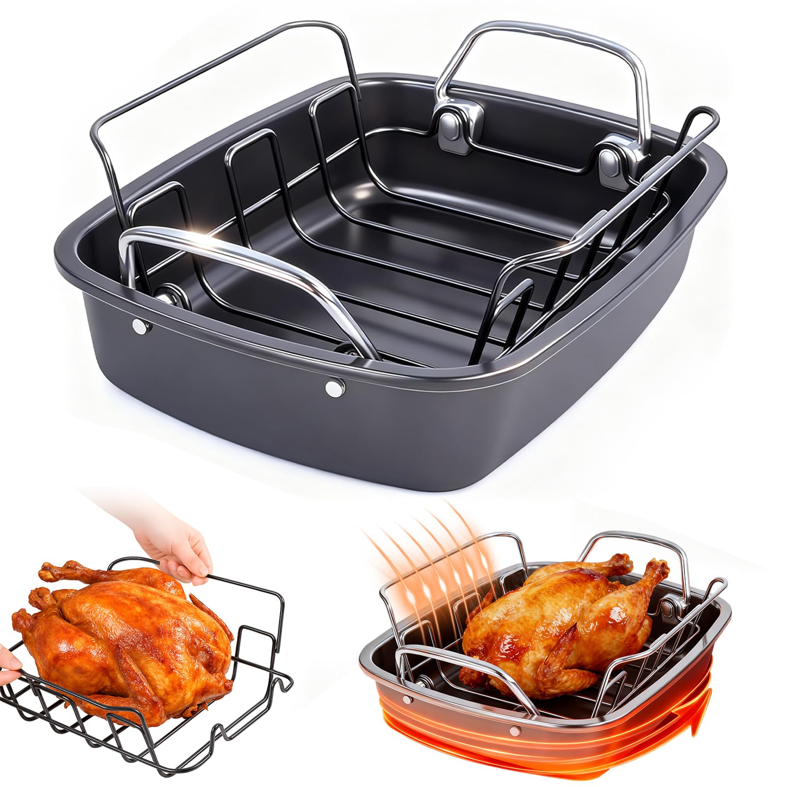 24lb Carbon Steel Nonstick Roasting Pan with Rack - BPA Free Leak-Proof 450 F Heat Resistant 17x13x4in Oil-Draining