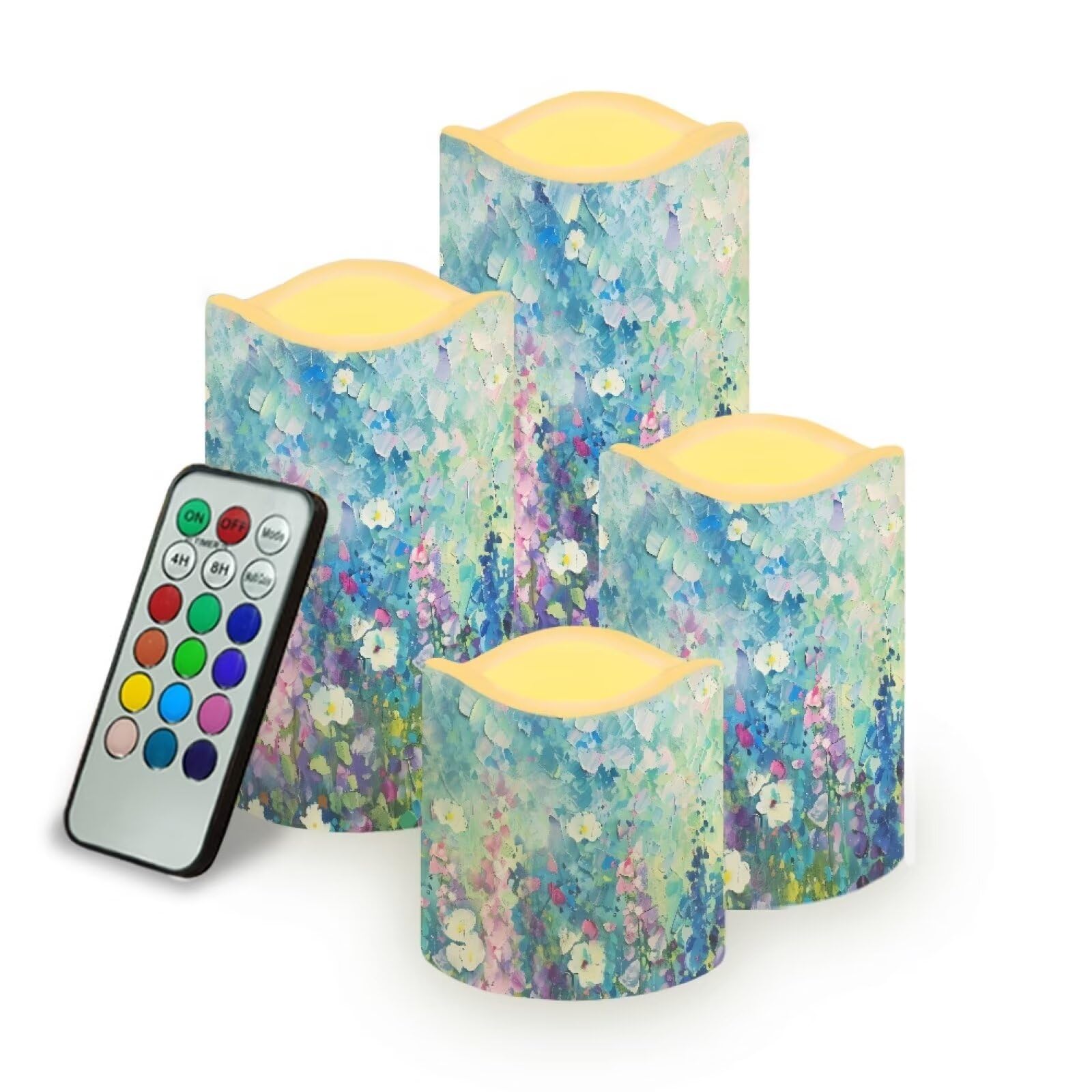 Blue Floral Plastic Flameless Candles with Remote Control and Timer LED Flickering Battery Operated Color Changing Electric Pillar Candles for Table Weddings Gifts Home Decoration