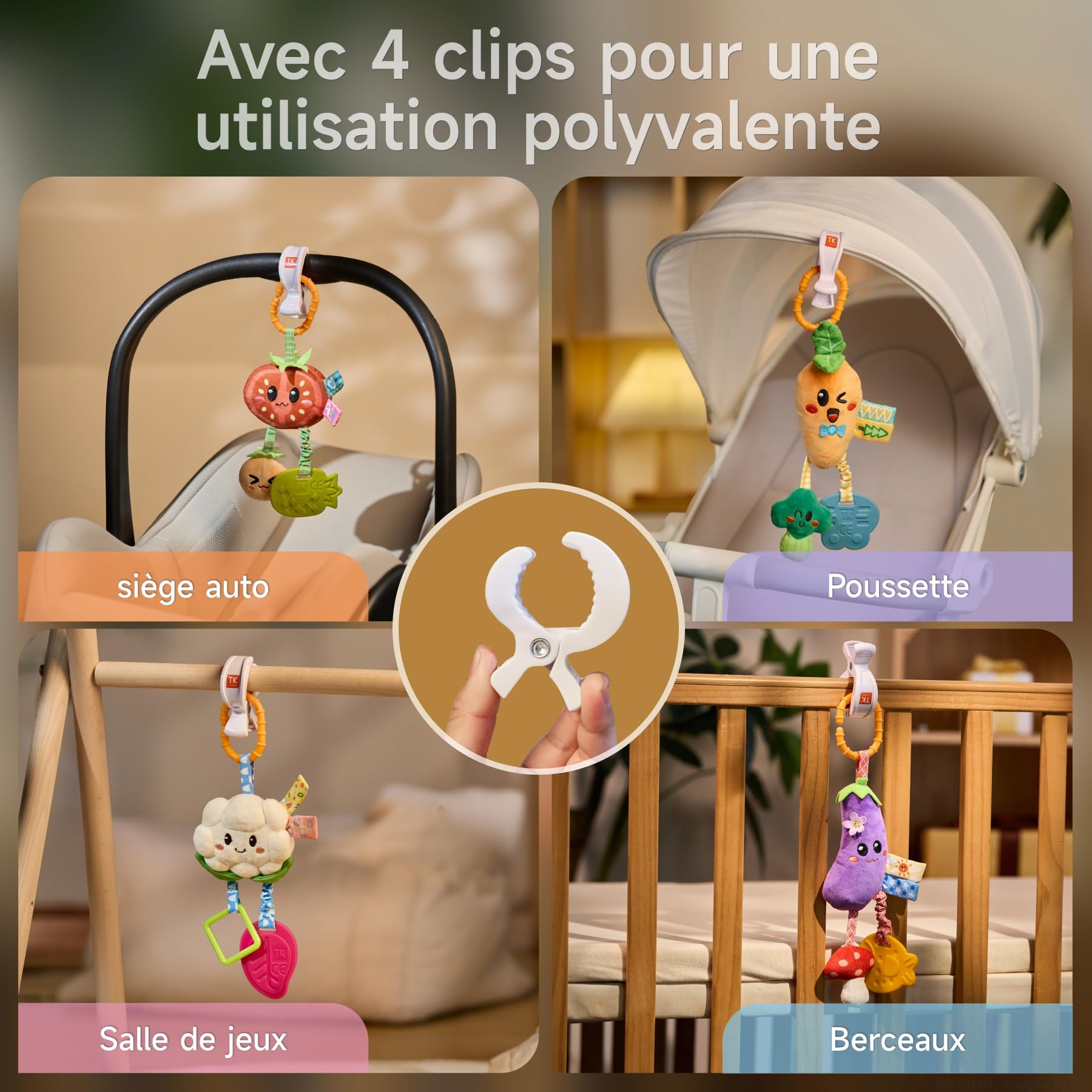 TUMAMA Kids Lot de 4 Hochets à Suspendre pour Bébé - Jouet de Poussette pour Bébés de 0 à 12 Mois, Cadeau Naissance Peluche Bebe Jeux Sensoriel Bebe