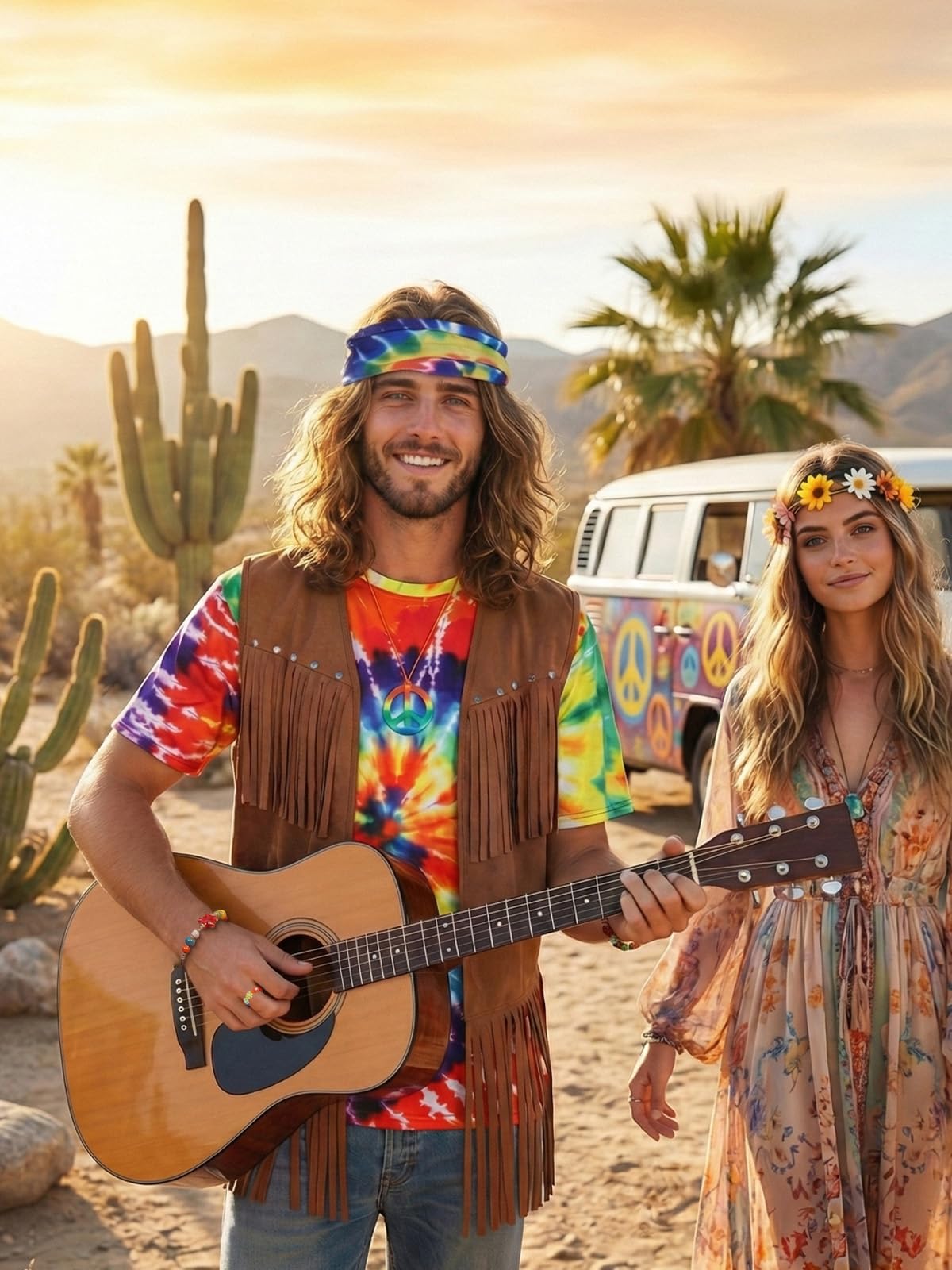 Hippie Kostüm für Herren 60er 70er Jahre Outfits Zubehör Tie Dye Shirt Set Fransen Karneval Weste Perücke Tie Dye Stirnband für Halloween