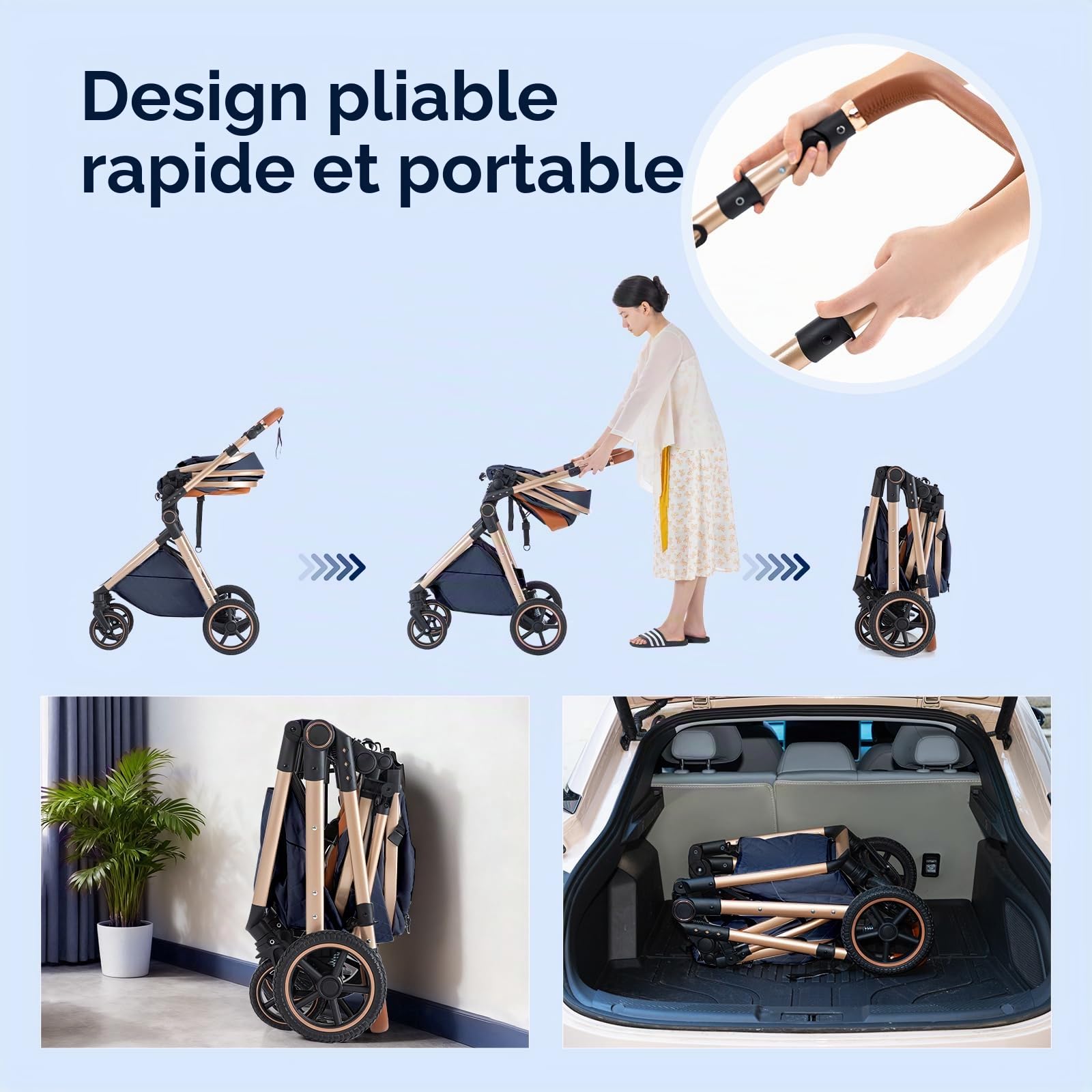 Gcarebb Système de voyage 3 en 1 avec base Isofix, poussette avec poignée réglable en hauteur, landau de voyage avec housse de pluie, poussette pour bébé avec cadre en aluminium pour nouveau-né