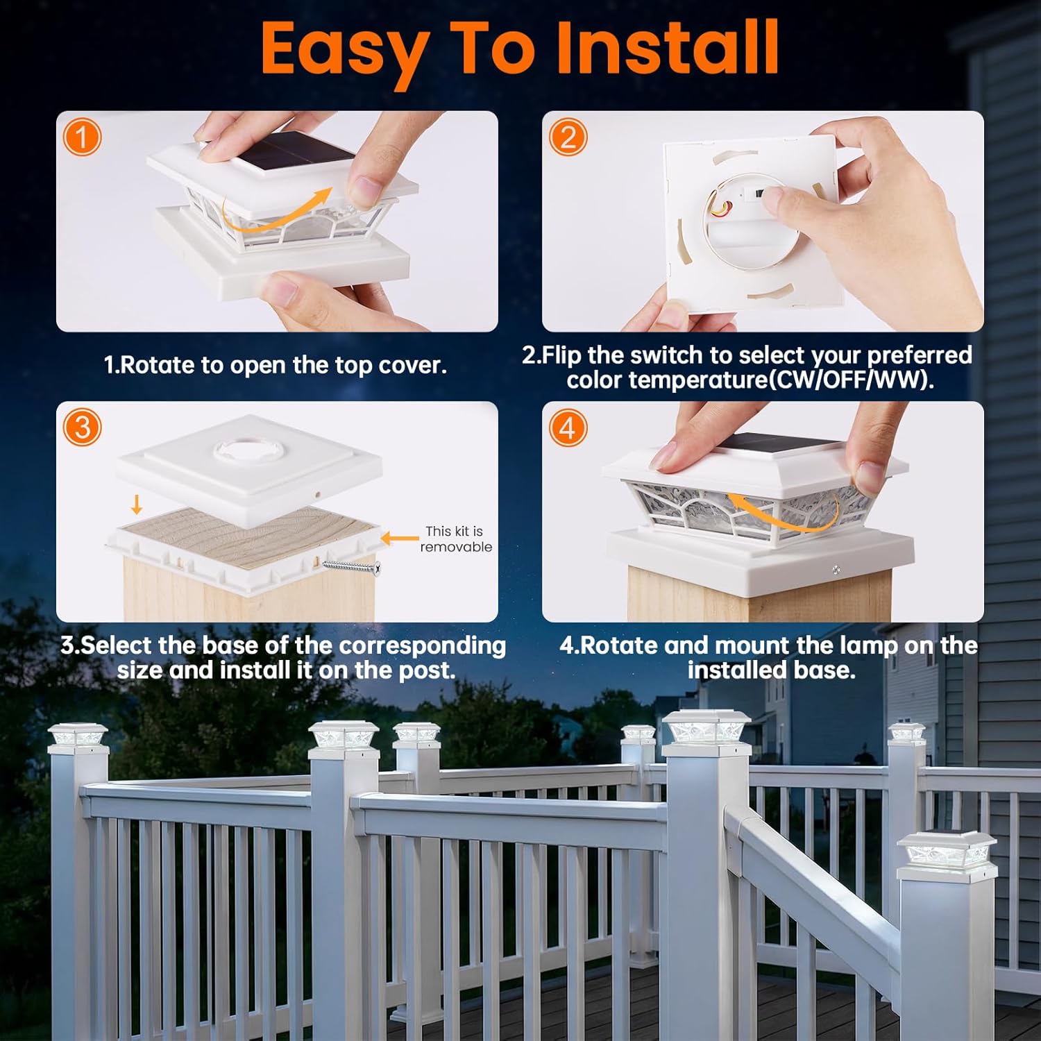 Brightever 4x4 3.5x3.5 Solar Post Cap Lights, 8-Pack Outdoor Solar Powered Fence Post Lights Fit Vinyl/Wood Posts, 2 Modes(Warm/Cool Light), Solar Waterproof Deck Post Lights for Garden, Patio, White
