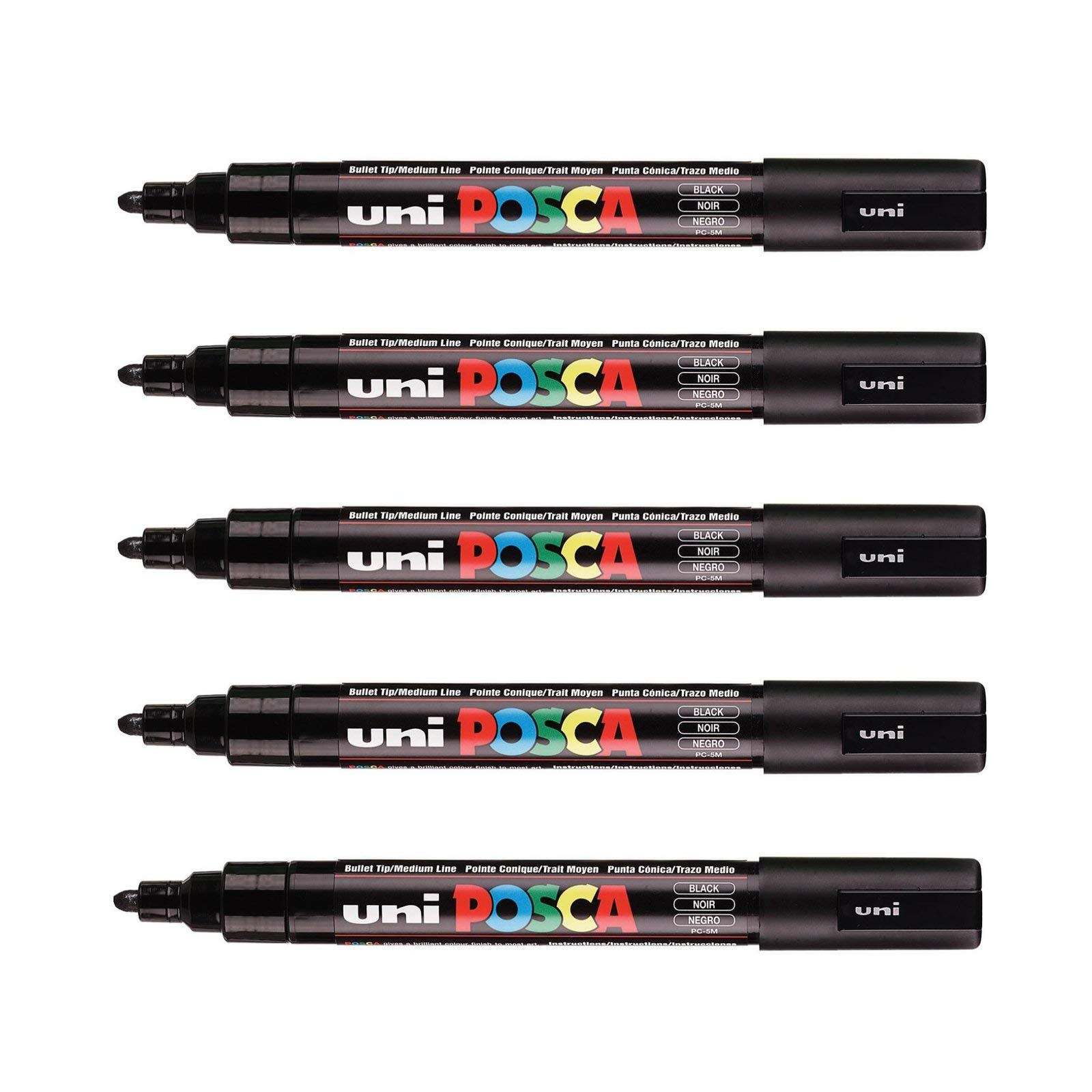 POSCA Mitsubishi Pencil PC5M – 5 rotuladores negros – Punta cónica – Punta media – pintura a base de agua – para cualquier soporte – Para papel, textil, vidrio, guijarro, madera y más