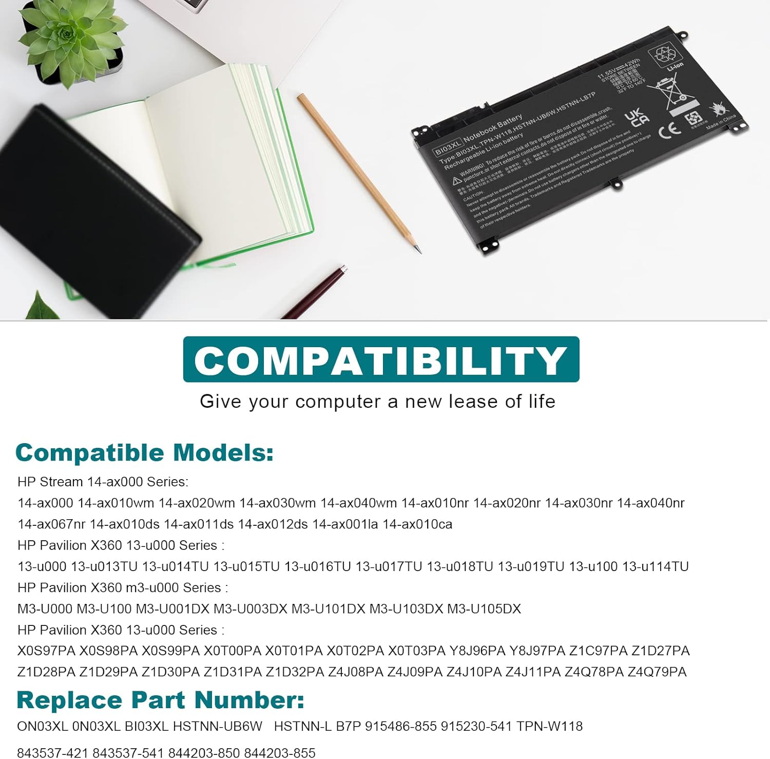 BI03XL Laptop Battery for HP Pavilion X360 13-U M3-U 13-u000 M3-U001DX M3-U103DX 13-U100TU 13-U118TU Stream 14-AX 14-ax010wm ON03XL 0N03XL 844203-855 TPN-W118 HSTNN-LB7P HSTNN-UB6W 843537-541