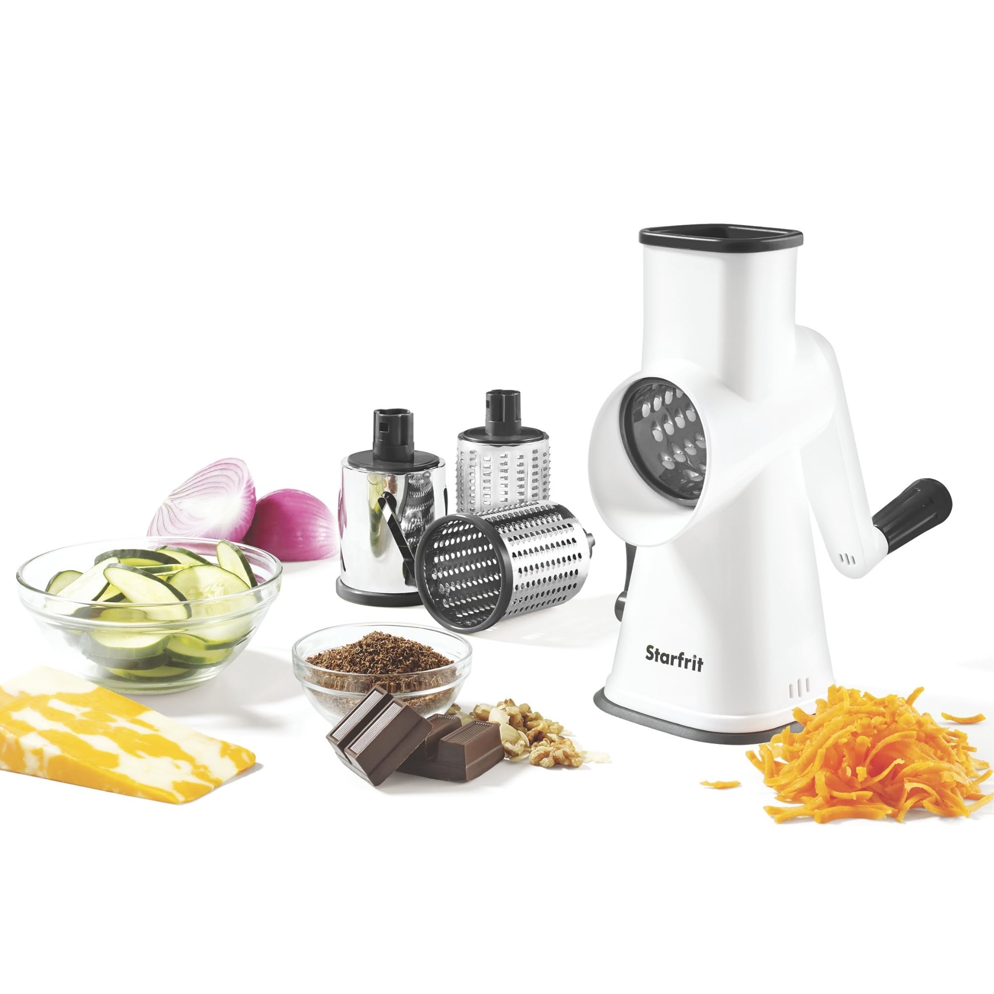 Starfrit Rallador de tambor rotativo - 4 tambores intercambiables de acero inoxidable - rebanar, rallar grueso y fino, afeitado de hielo - Ideal para verduras, queso, nueces, chocolate