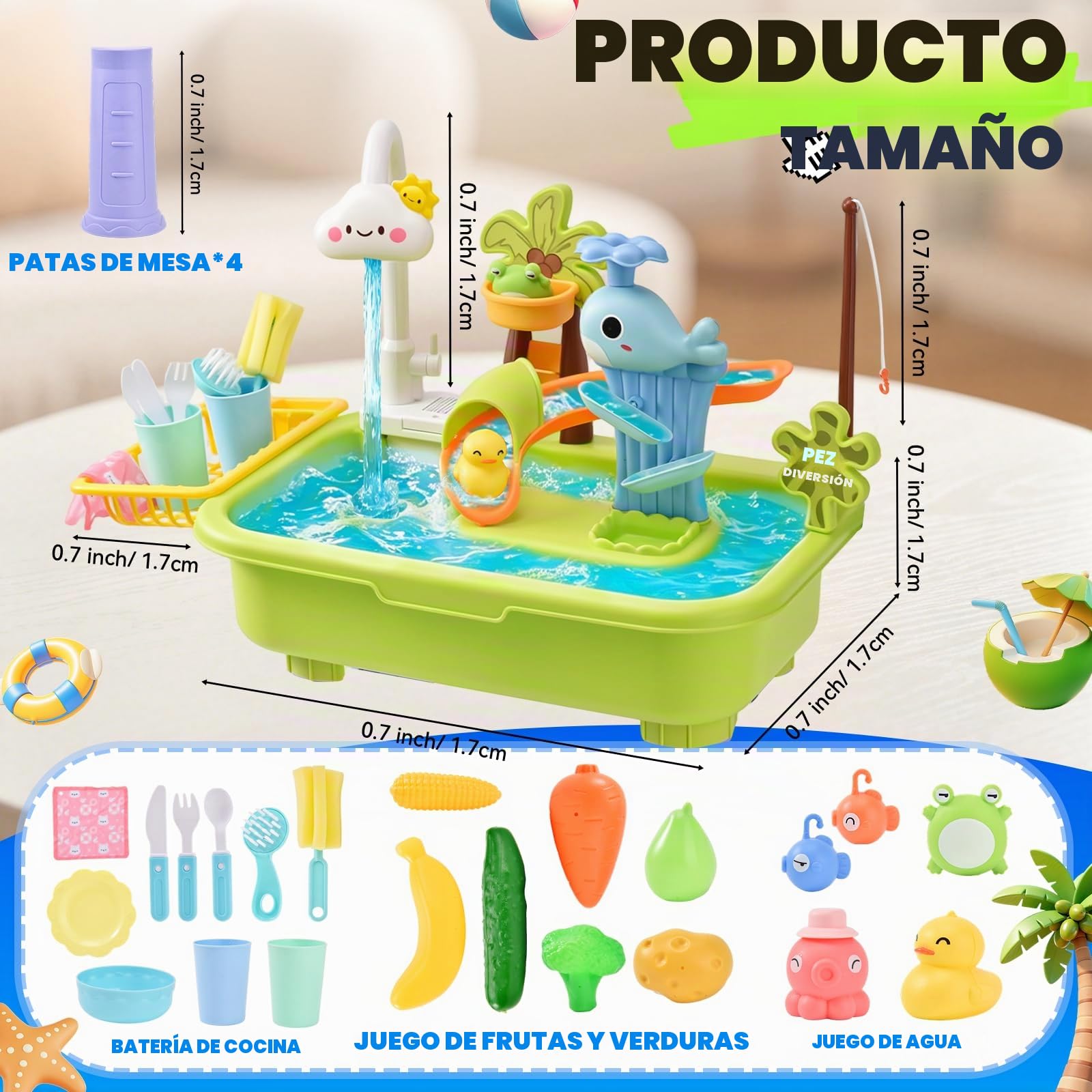 Fregadero de Juego 4 en 1 con Agua Corriente, Mesa de Agua para Niños con Pesca y Tobogán, Juguete Sensorial de Verano para Exterior