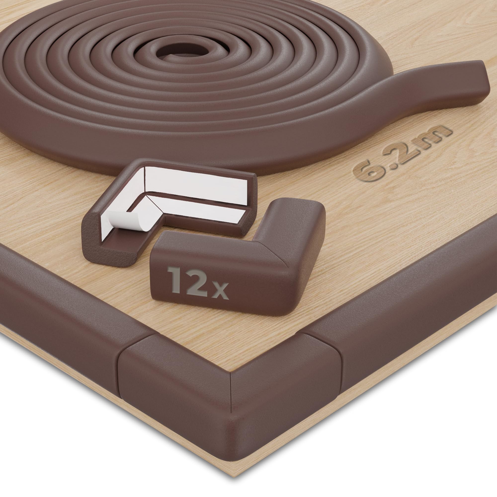 Hoffenbach Paraspigoli per Bambini, 6,2 m + 12 Angolari, Paracolpi Lettino Neonato e Mobili, Para Spigoli Bimbi in Gomma, Marrone Cioccolato