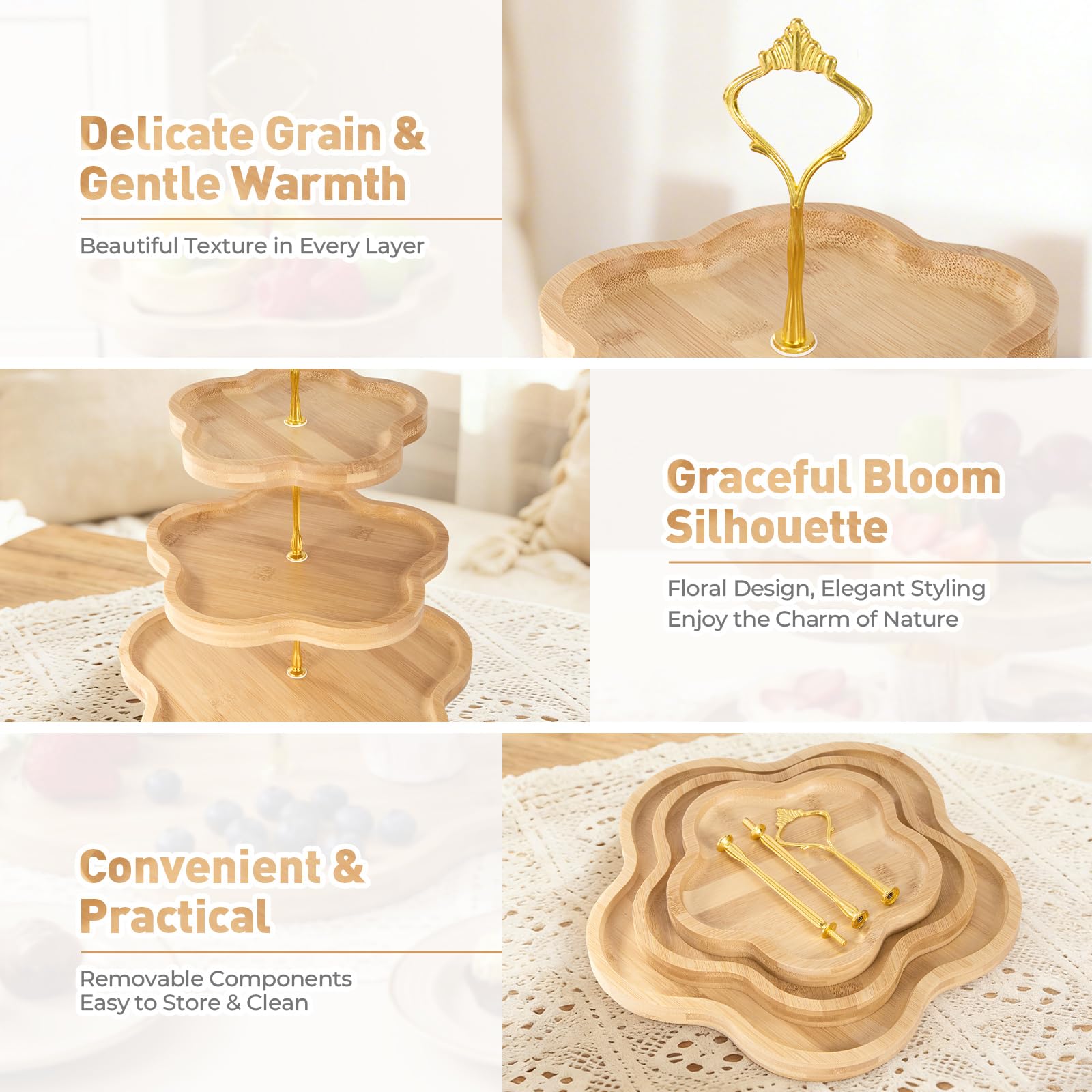 DUJUST Supporto Elegante in Legno a 3 Livelli per Cupcake con Design a Forma di Fiore, Vassoio in Bambù per Cupcake, Dessert,Matrimoni e Decorazioni in Stile Rustico e Casa, Facile da Montare e Pulire
