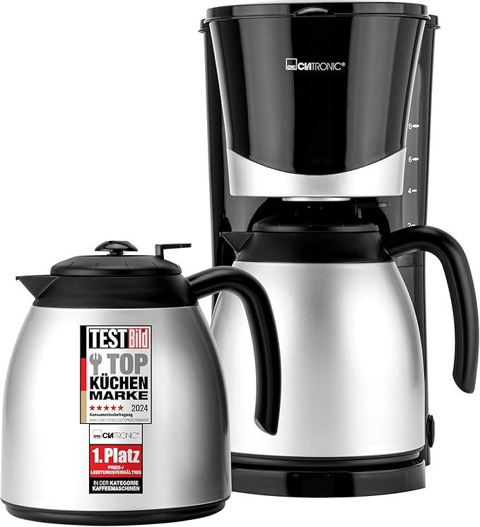 Clatronic® Kaffeemaschine mit Thermokanne | inkl. 2 Thermokannen je 1 Liter | Kaffeeautomat für 8-10 Tassen Filterkaffee | Tropfstopp & Auto-Abschaltung | Filtereinsatz herausnehmbar | KA 3328 schwarz