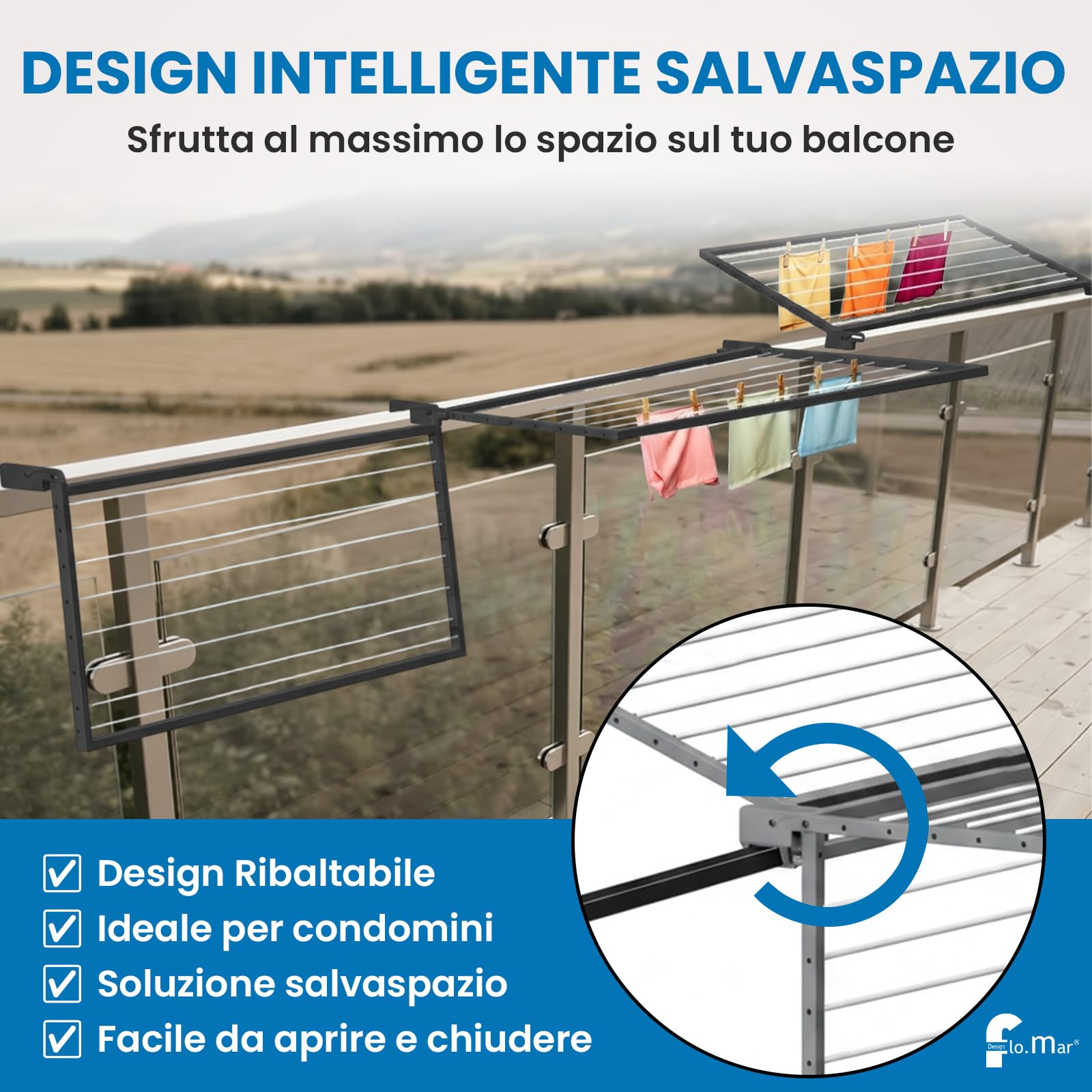 Flo.mar Stendino da Balcone e Parete 150x70 cm - Kit Montaggio Incluso - Stendibiancheria da Esterno Ribaltabile e Salvaspazio in Alluminio - 8 Cavi in Nylon - Stendipanni a Scomparsa (Flip)