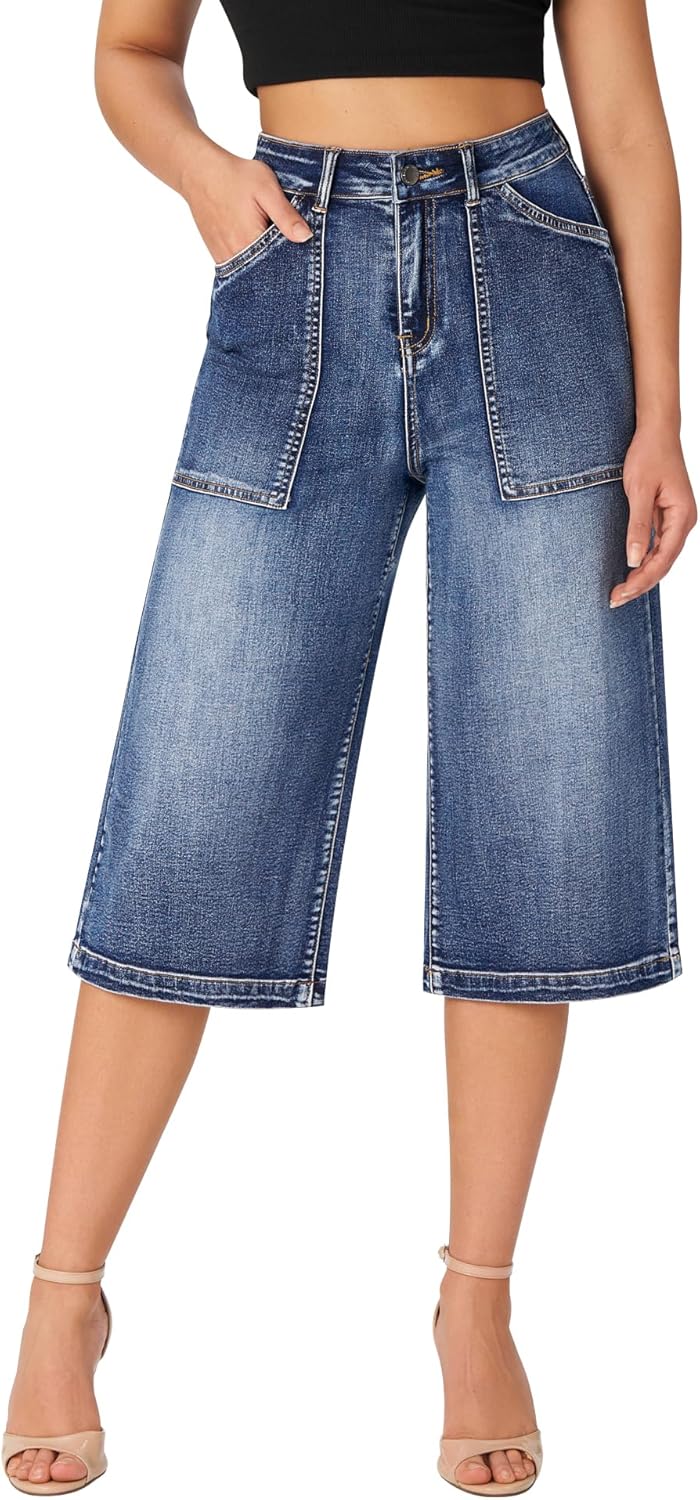 roswear Women’s Wide Leg Capri Pants Stretchy High Waisted Loose Denim Jeans