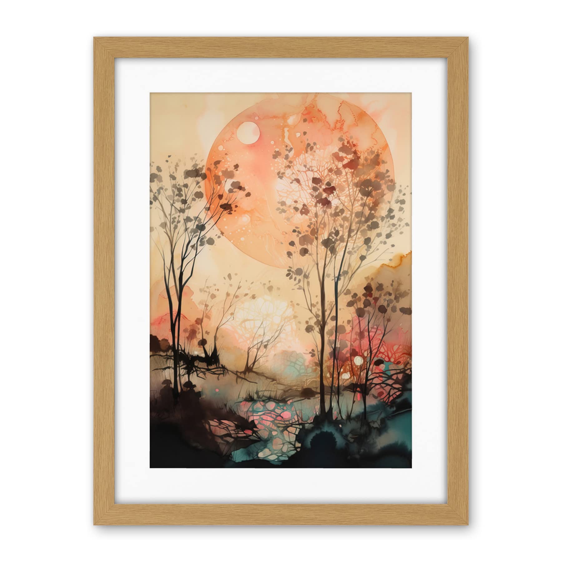 Artery8 Misty Riverside Trees Sunset Landscape Modern Boho Watercolour Painting Artwork Framed Wall Art Print 18X24 Inch
