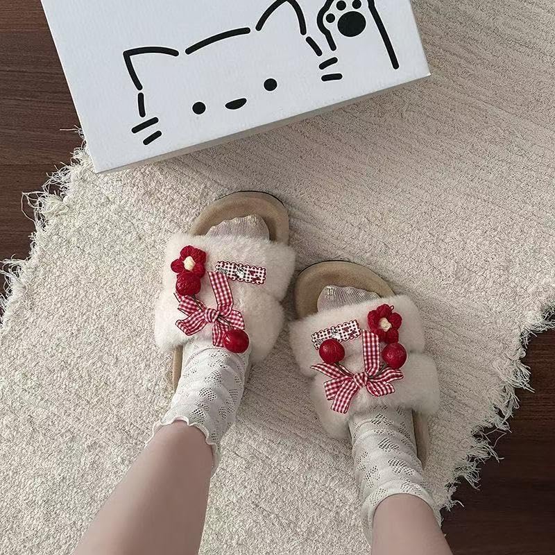 ZQW Plush Fuzzy Cartoon Slippers Y2K Bow Floral Chunky Platform Slides Non-Slip Comfortable Casual Dressy Shoes for Women2