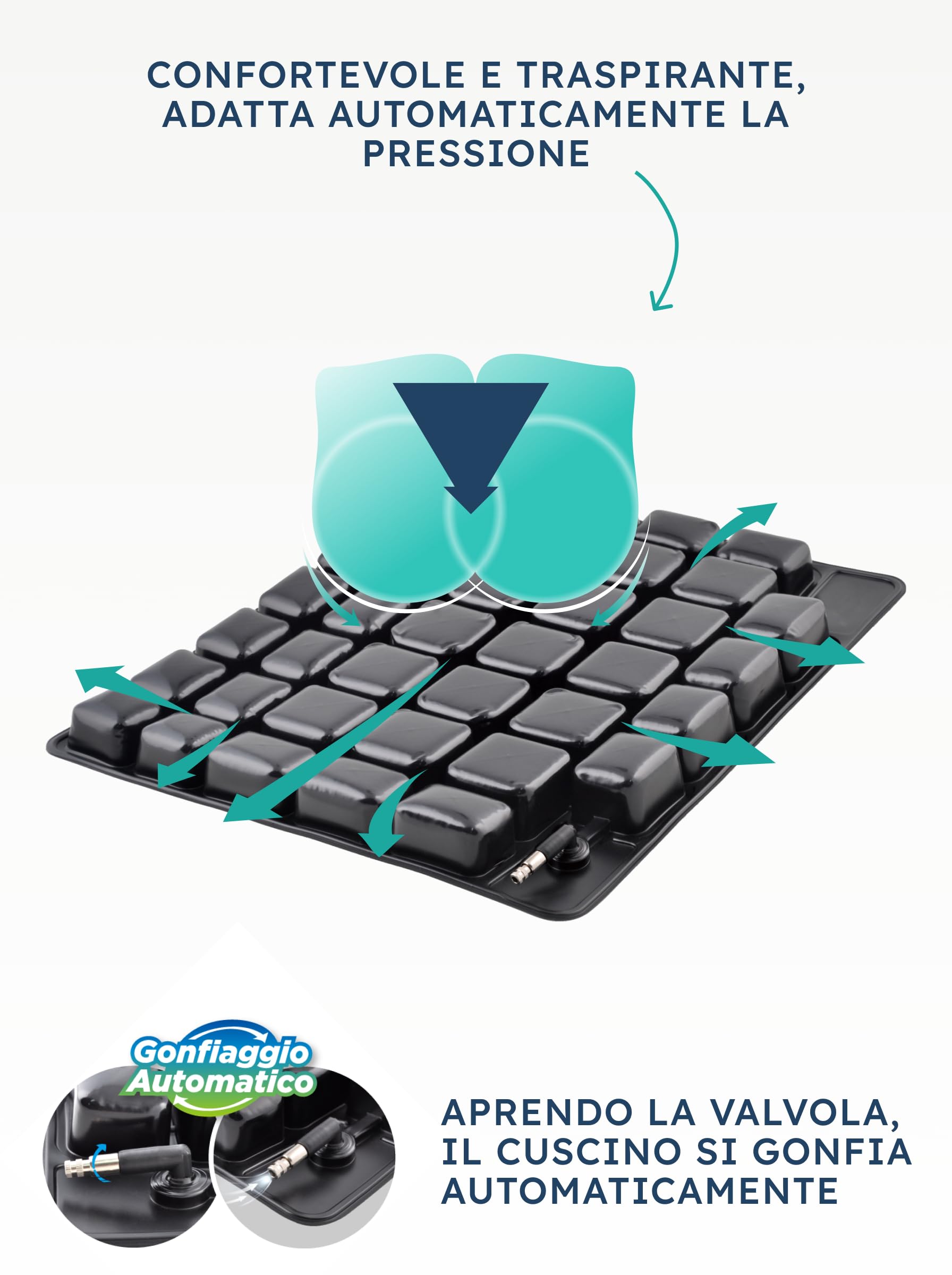 SPES Cuscino Antidecubito Nero - Cuscino Ortopedico per Sedia a Rotelle, Fodera Traspirante, Fondo Antiscivolo - Prevenzione Piaghe, Comfort per Sedute Prolungate, Sistema Auto-gonfiante