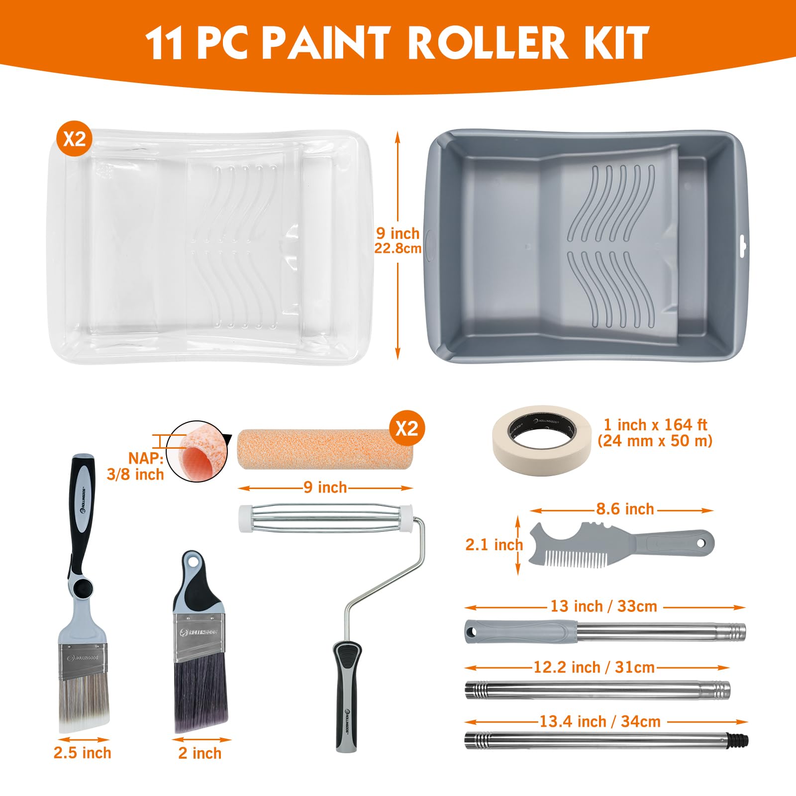ROLLINGDOG Kit di 11 rulli per pittura da 22,9 cm con telaio, asta di estensione, vassoio di vernice con fodere, pennelli, detergente per rullo e nastro adesivo per pittura a parete, soffitto, casa