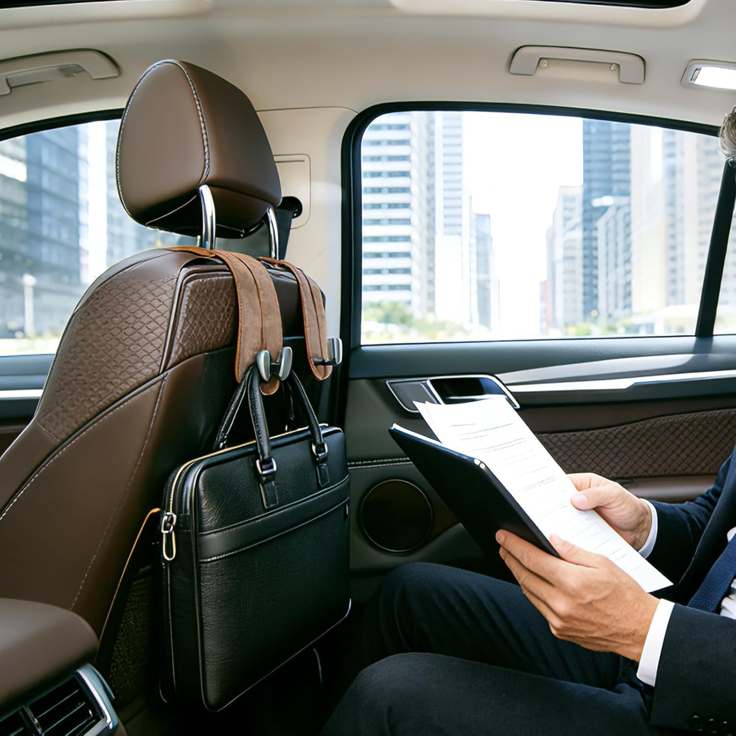 CoBak Genuine Leather Purse Hook for Car - Universal Premium Stitched Leather and Aluminum-Magnesium Alloy Double Car Seat Back Storage Hook for Purses, Handbags, Bags (2 Pack),Leather Brown