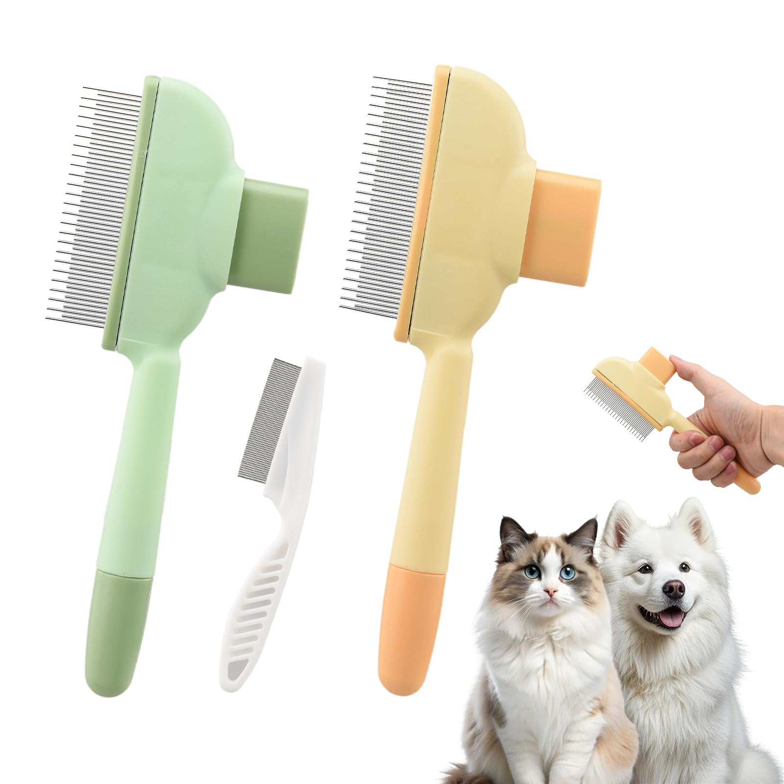 2 Pezzi Spazzola per Gatti con 1 Pettine Antipulci Rimuove i Peli Sciolti per Pelo Corto e Lunghi Rimuovere Peli Morti Autopulente con Pulsante Autopulente Ideale per Proprietari di Gatt