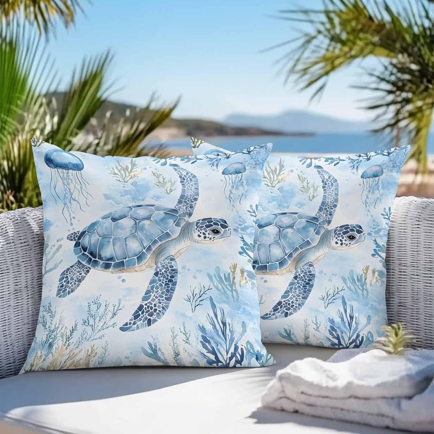 Underwater Outdoor Throw Pillow Cover Ocean Life Sea Turtle Waterproof Cushion Covers 2 Pack Pillow Cases Home Decoration for Patio Garden Couch Sofa,Marine Seaweed Jellyfish
