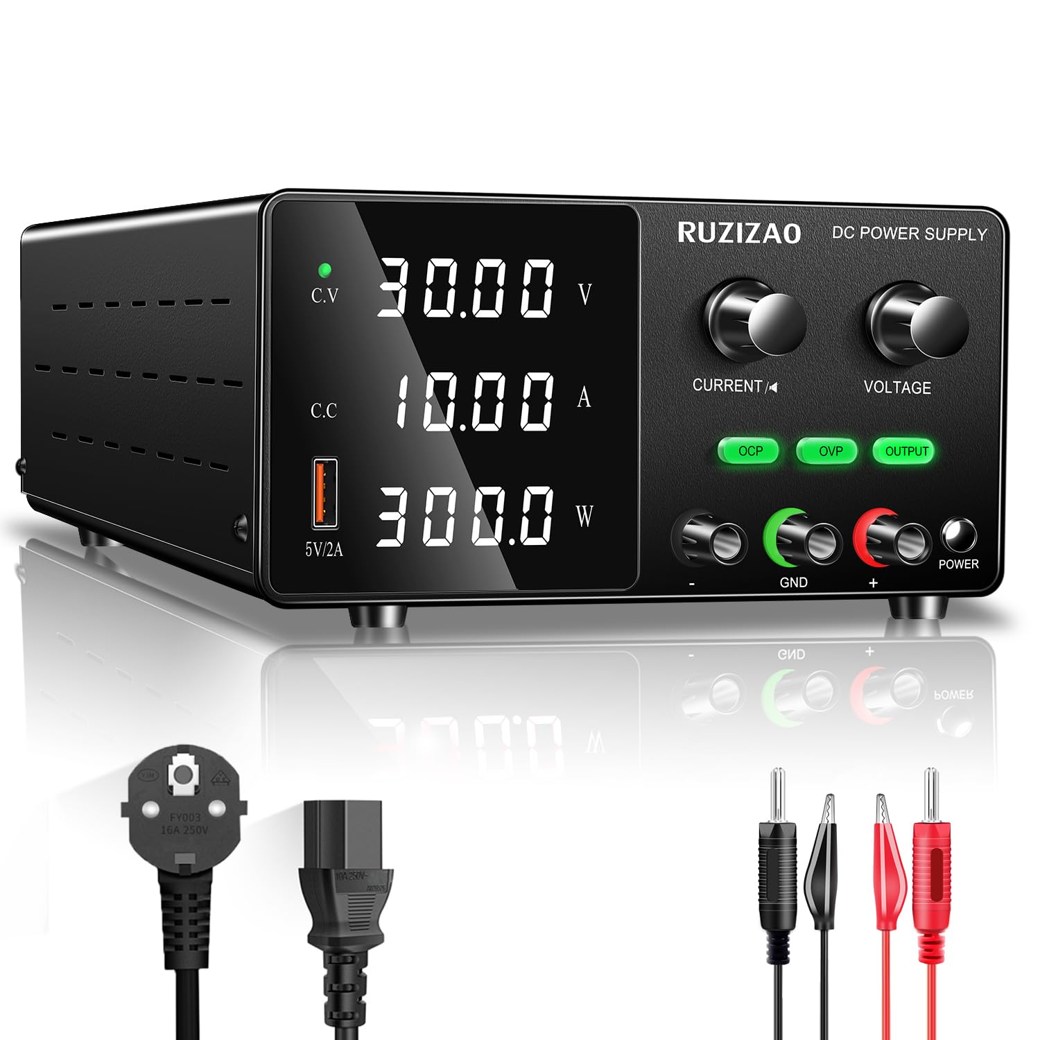 Alimentatore da Banco 30V 10A 300W Alimentatore da Laboratorio DC Regolabile Stabilizzato, Funzione OCP, Funzione OVP, Interruttore di Uscita, Manopola Encoder, Porta USB 5V/2A