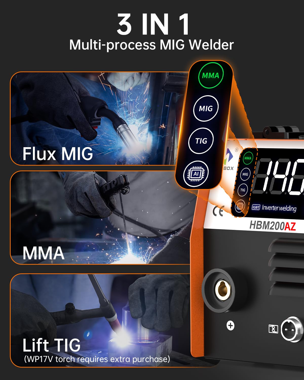 HITBOX 3 in 1 Fülldraht Schweißgerät, 140A Kompakter Inverter Schweißgerät mit Schweißen ohne Schutzgas mit Synergischem Drahtvorschub(HBM200)