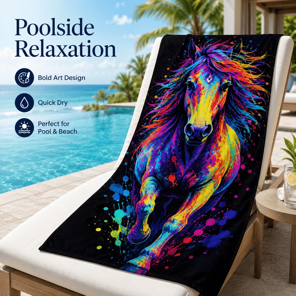 Telo Mare Microfibra Cavallo Colorato Asciugatura Rapida | Asciugamano da Spiaggia Cavallo Astratto, 145x200 cm, Assorbente, Accessori Mare, per Palestra Viaggio