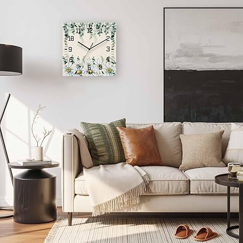 Miniatura 5 de Debedcor Daisy Eucalyptus Leaves Wooden Wall Clock Silent Non Ticking, Rustic Spring Floral Botanical Square Wall Clock Battery Operated, Decor
