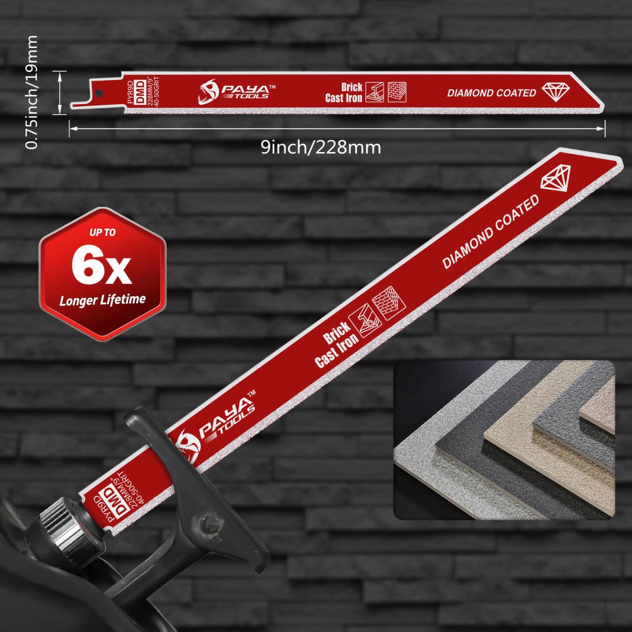 3-Piece 9 inch 40-50 Grit Diamond-Grit Edge Reciprocating Saw Blade for Masonry, Fiber Cement & Fiberglass