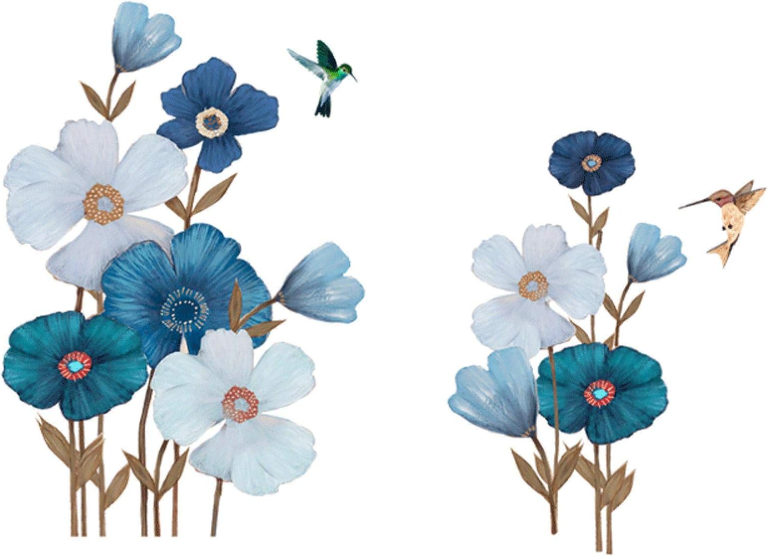 Large Blue Flowers Wall Sticker Vintage Painting Removable Stickers Living Room Wallpaper Decal