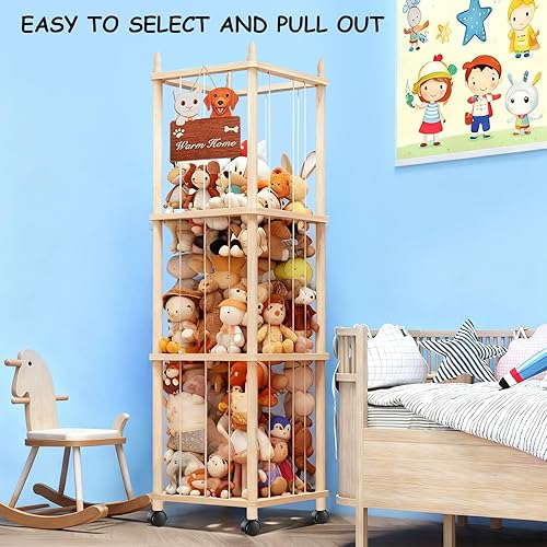 Miniatura 4 de Almacenamiento grande de animales de peluche con diseño de gato y perro, zoológico de animales de peluche de madera, soporte rodante para animales