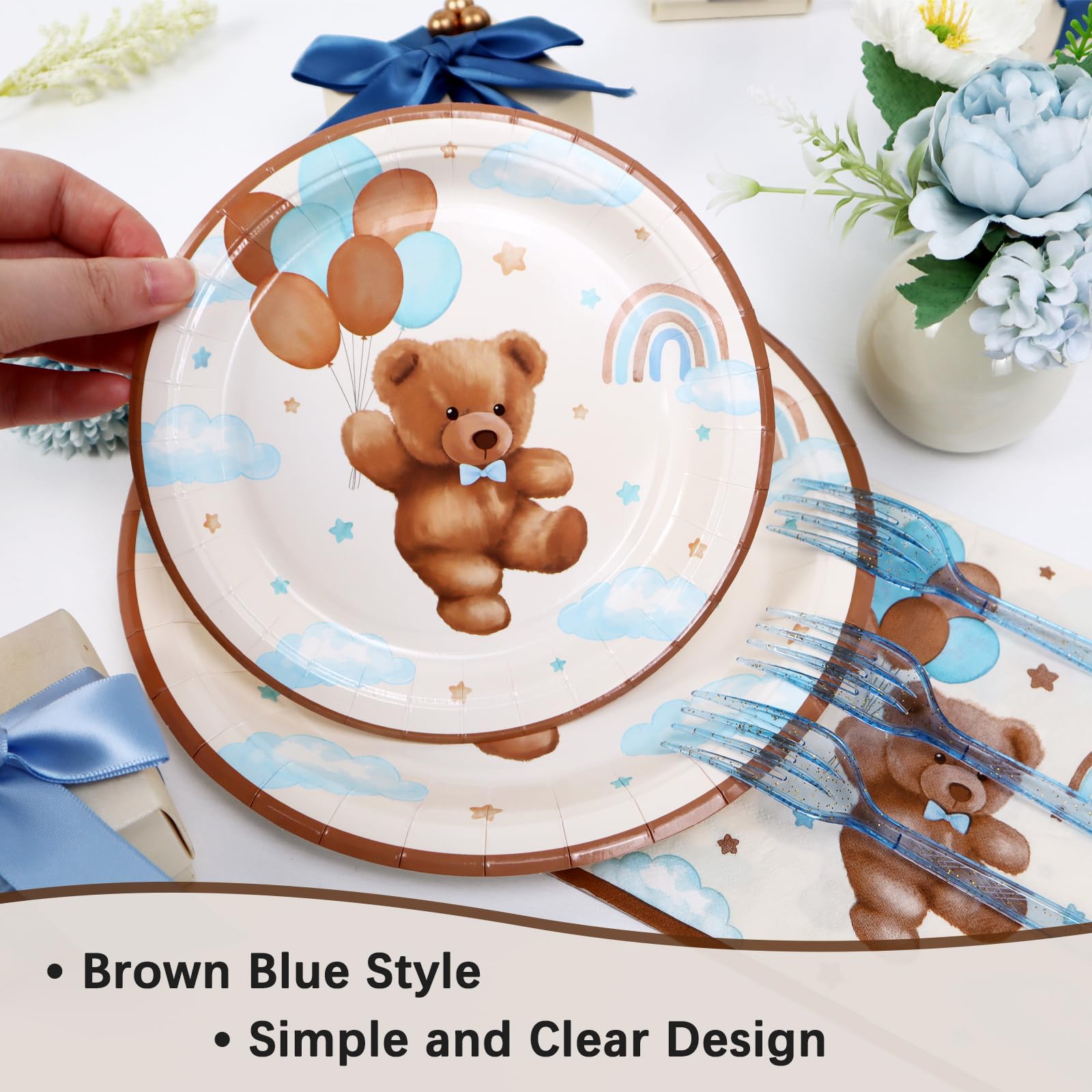 Teddybär Baby-Party Teller-Set Für 25 Personen – Inkl. Servietten & Gabeln, Braun-blau, Boho