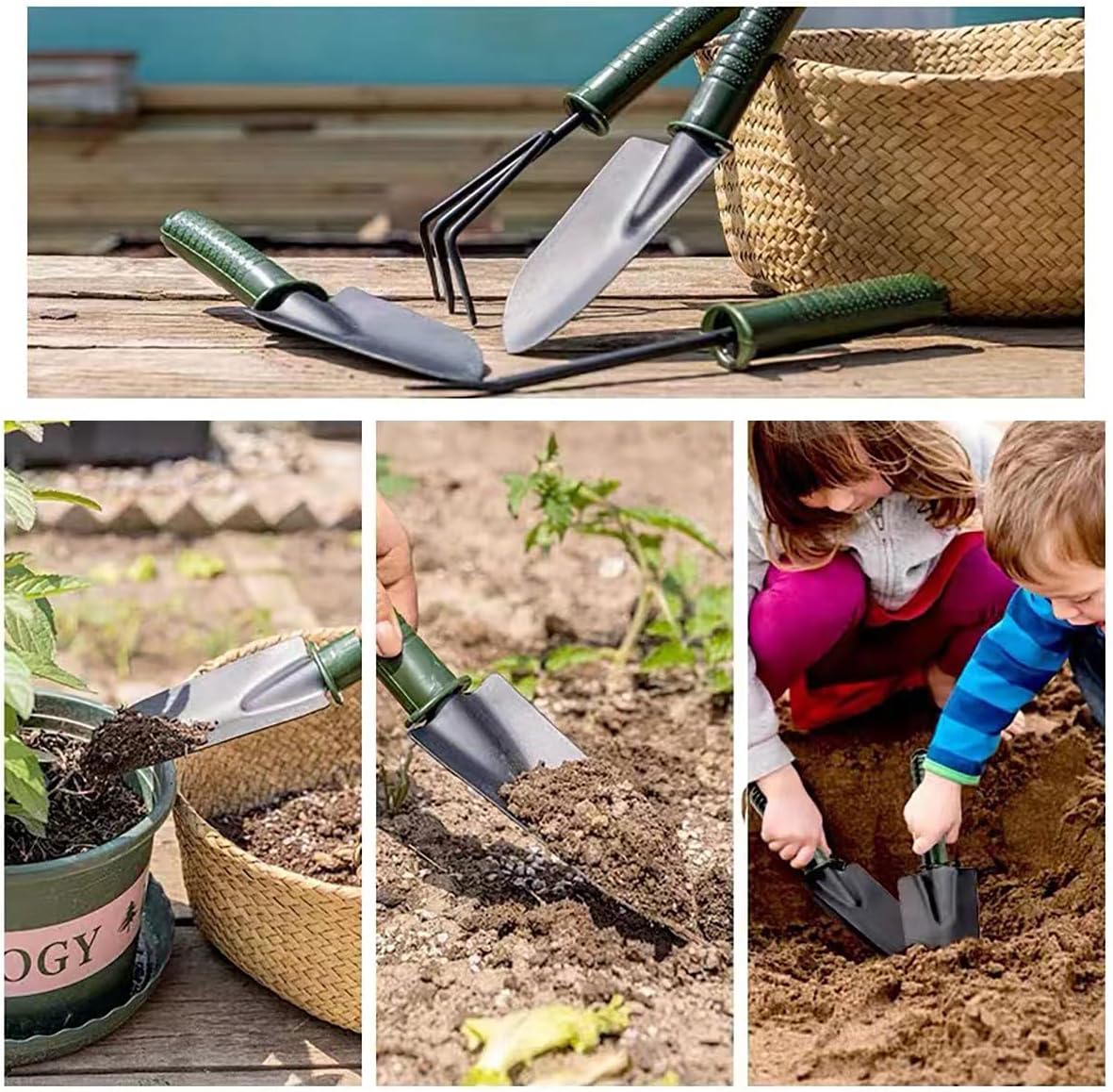 tooloflife 4 Pieces Garden Tool Set, Including Rake, Tip Shovel, Round Shovel, Seedling Device, Planting Flower, Shoveling Soil, Gifts for Women Men