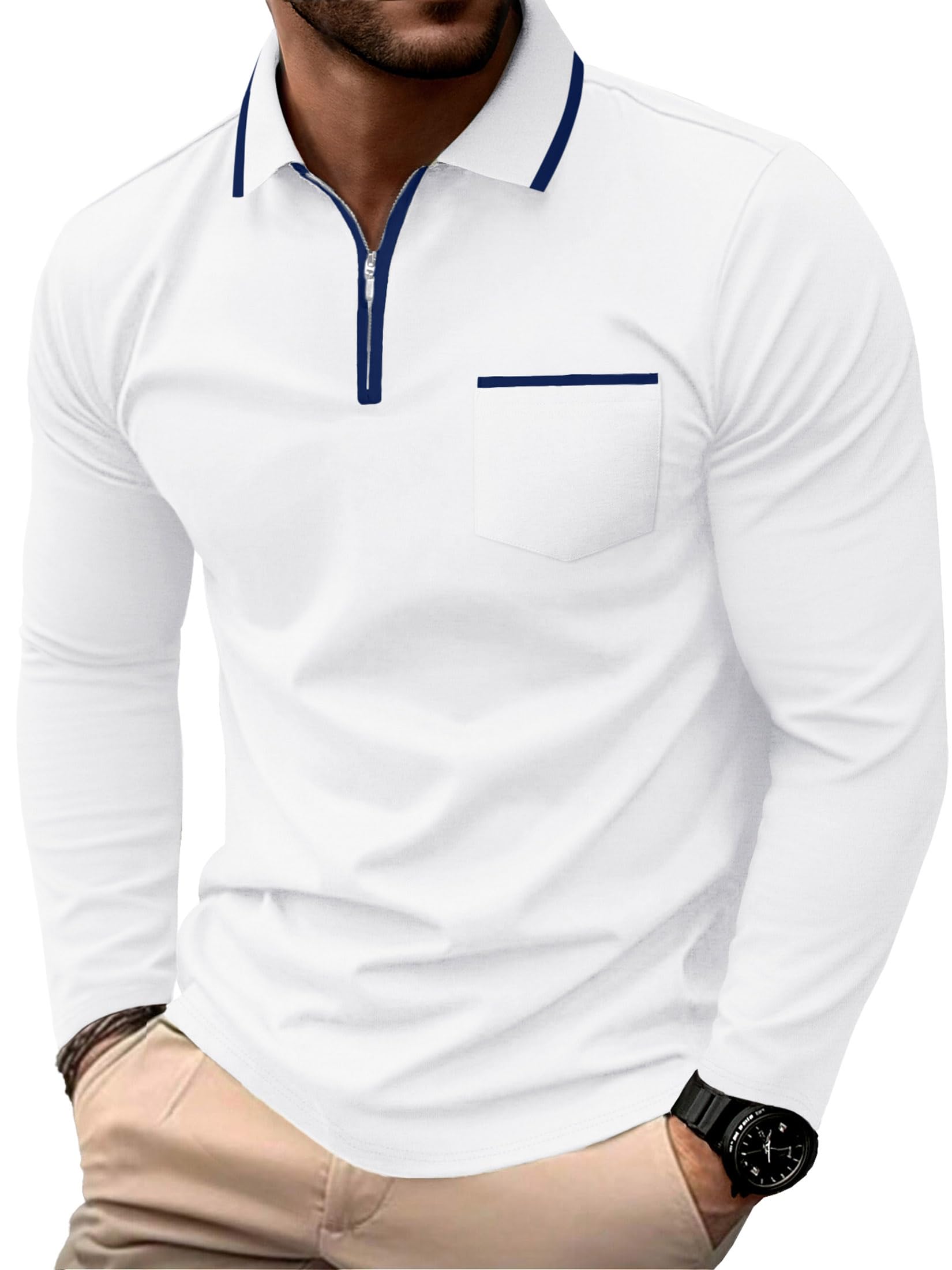 Askdeer Men's Polo Shirts Zip Long Sleeve Classic T-Shirts Casual Golf Shirts Stylish Collared Tee