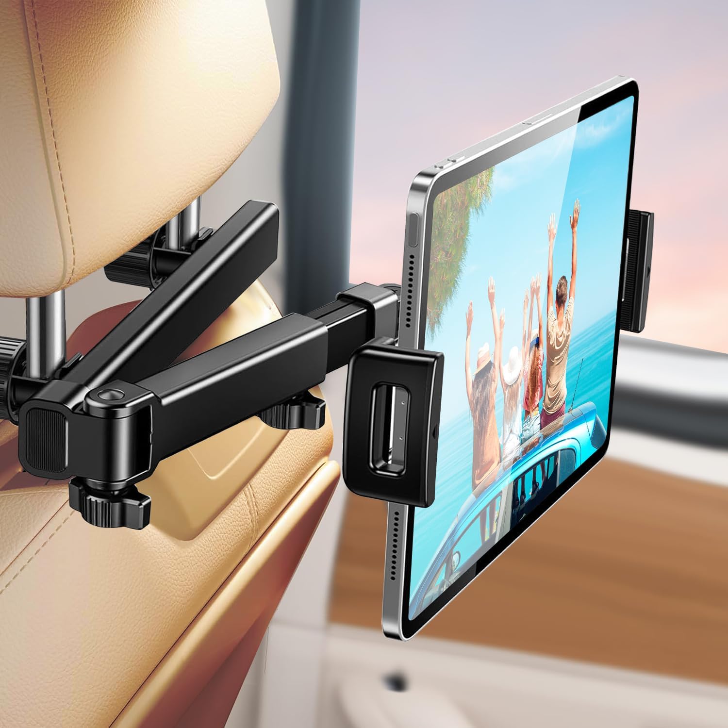 Car Headrest Tablet Holder - [Zinc Alloy Lockable Arm][Foldable Clip] Universal Car Tablet Mount Backseat, Car Accessories for Kids, for iPad Pro, Air, Mini, Galaxy, Fire HD, 4.7-13" Tablets