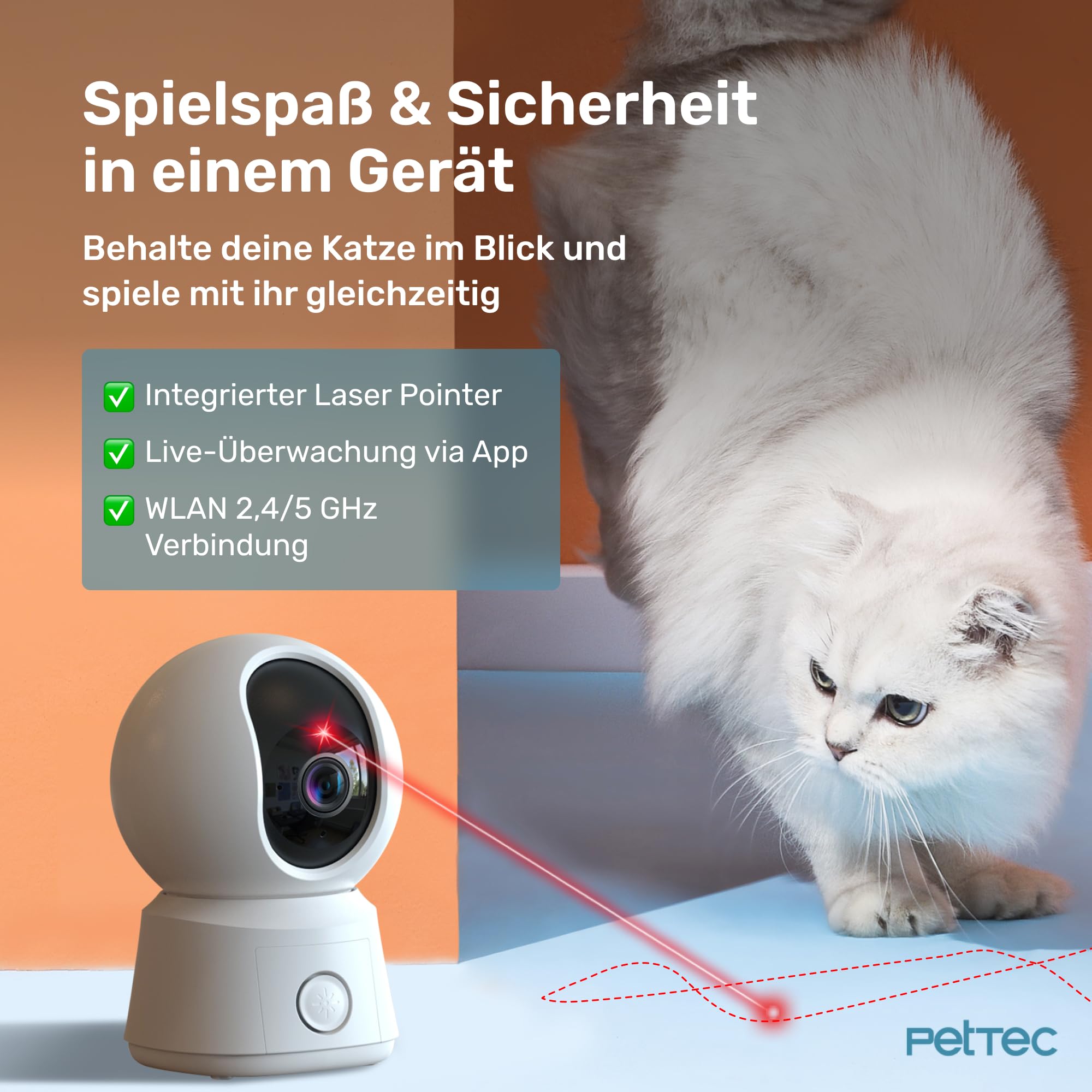 PetTec® Pet Cam Laser - Haustierkamera mit App [OHNE ABO-Falle] - Katzen Kamera Zuhause mit Bewegungserkennung & Nachtsichtfunktion - 4MP Rundumblick 360° Schwenken & Neigen - Katzenspielzeug