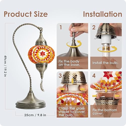 Miniatura 6 de Yarra-Decor Lámpara de mesa de mosaico turco marroquí con base de bronce, 3 opciones de color, hecha a mano, cuello de cisne, mosaico Tiffany,
