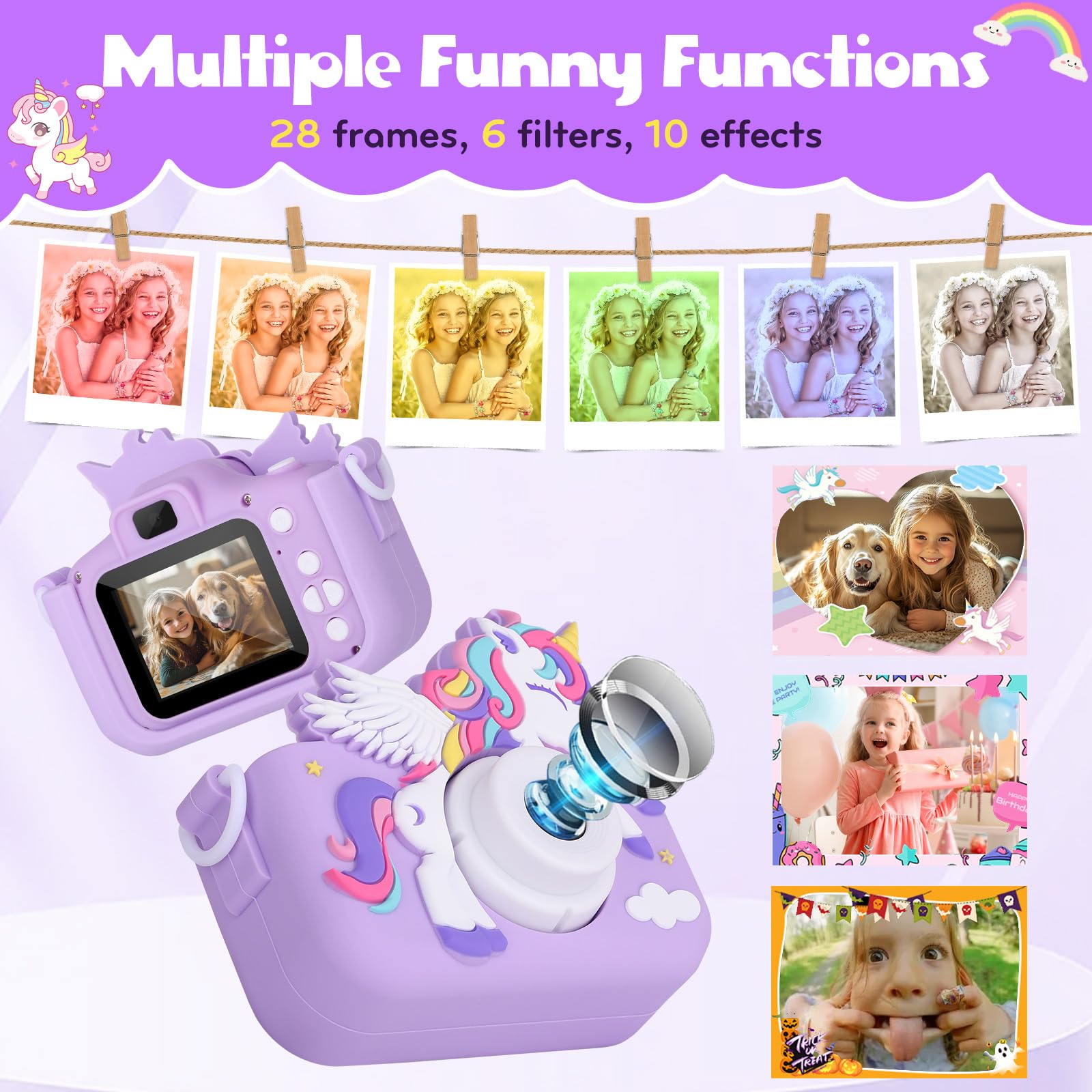Cámara infantil de unicornio para niñas, cámara digital para niños de 3 a 8 años, juguetes de viaje para niños, regalo de cumpleaños para niñas de 3, 4, 5, 6, 7, 8 años, cámara de video HD 1080P, 6