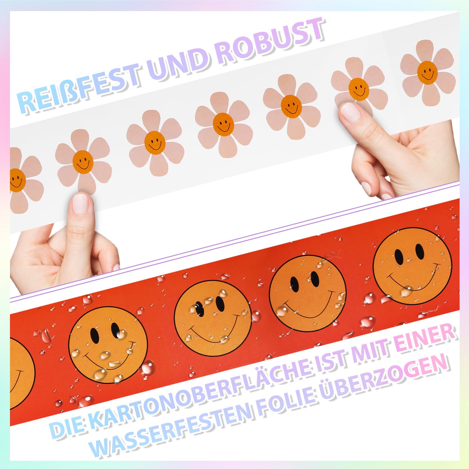 6 Rollen 66 m Pinnwandbordüren Aufkleber, Pflanzen Apfel Smiley Blumen-Pinnwand-Rand 6 Designs für Klassenzimmer, Tür, Fenster, Tafel, Whiteboard, Wand, Babyparty oder andere Partydekoration